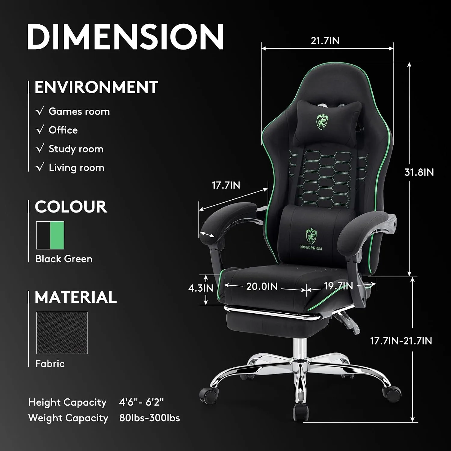 Gaming Chair,Office Chair with Massage,Gel Pad,Black Green
