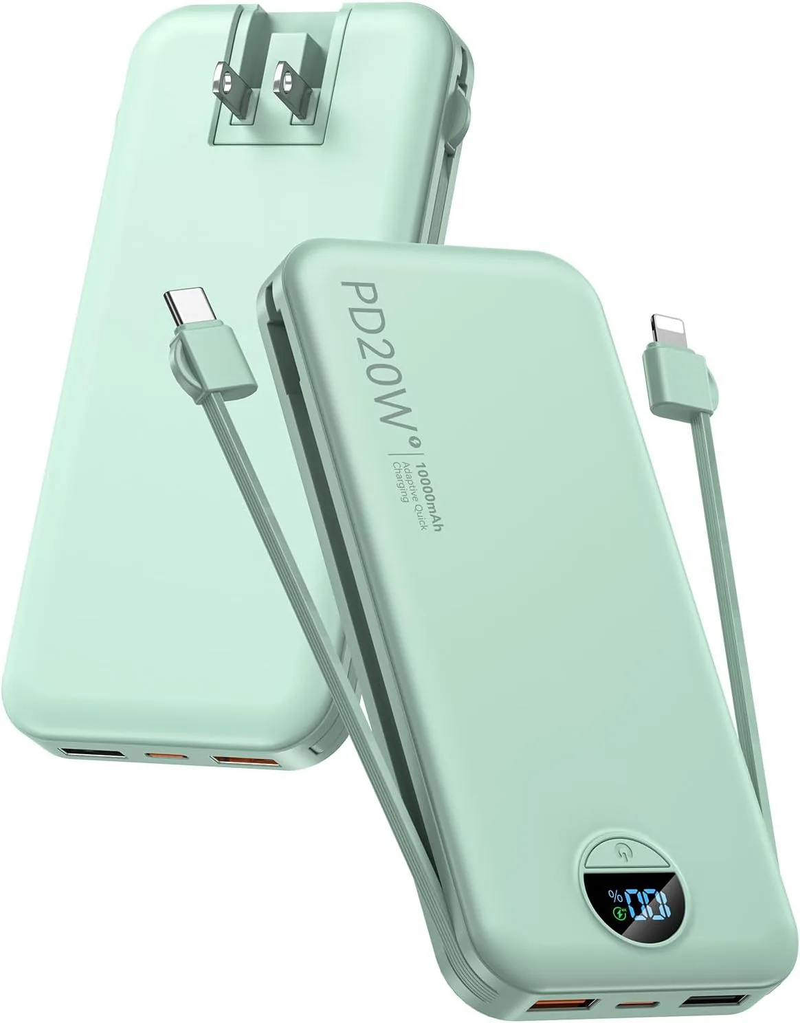 citicr Portable Charger 10000mAh PD20W w/Built-in Cables & Wall Plug Green