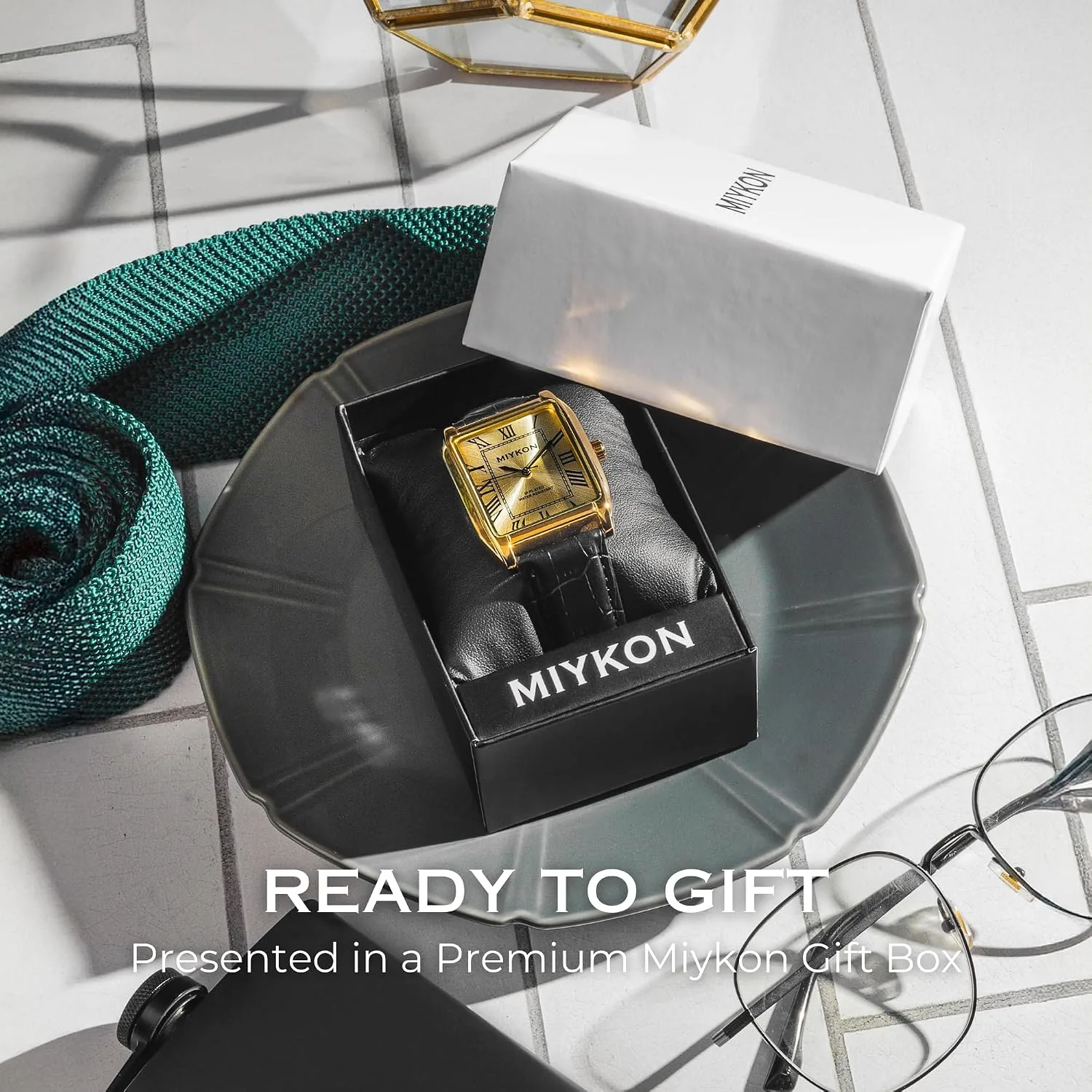 Miykon Men Vintage Tank Dress Watch, Genuine Leather Strap, Water Resistant