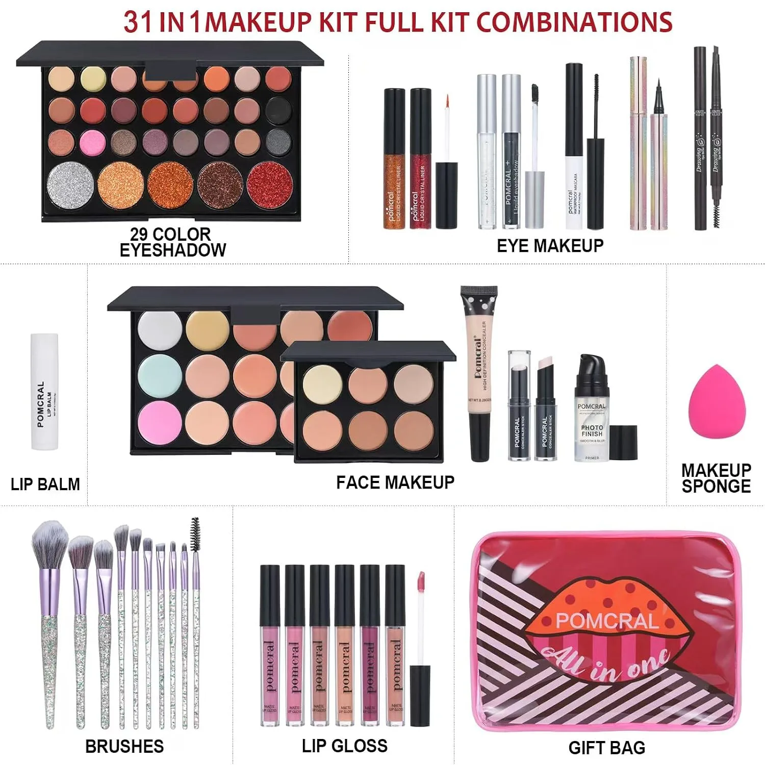 Makeup Kit For Women Full Kit Eyeshadow Eyeliner lipgloss, Lipstick Makeup brushes Mascara Eyebrow pencil Concealer Face Powder Primer make up Set For Girls Beginners