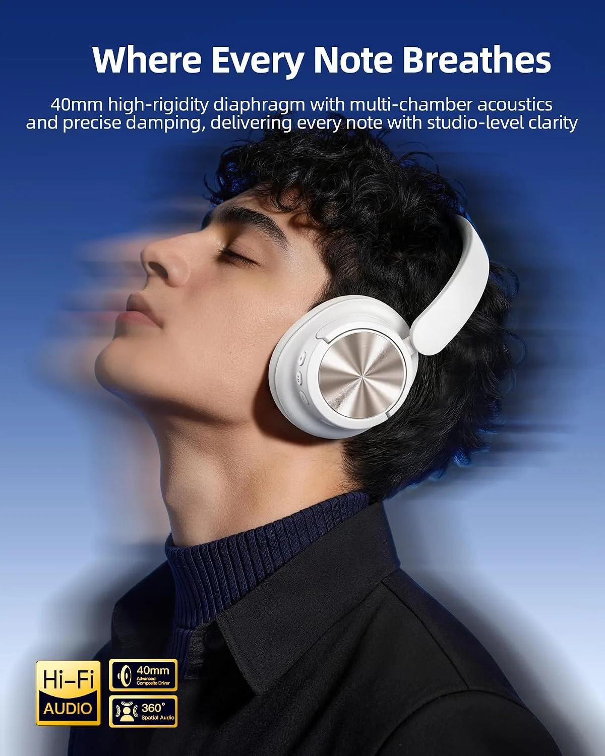 Hybrid Active Noise Cancelling Headphones 120H Playtime Wireless Headphones Bluetooth 6.0 Over Ear Headphones With 6 ENC HD Call Mic Hi-Res 360° Spatial Audio Headphone for Travel Workout Bright White