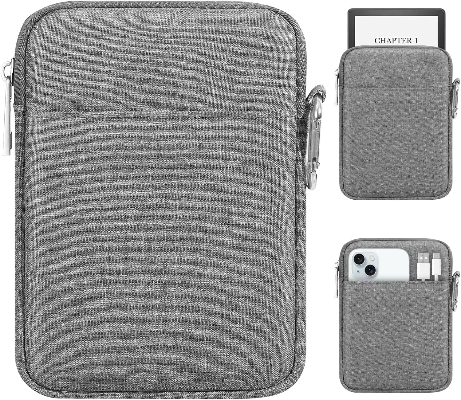 MoKo Padded Ereader Sleeve Case for 6-7 inch Tablet Sleeve Bag Protective Cover Pouch with a Carabiner, Compatible with 7" eReader Colorsoft Signature Edition 2024, 7" Paperwhite 12th, Light Gray