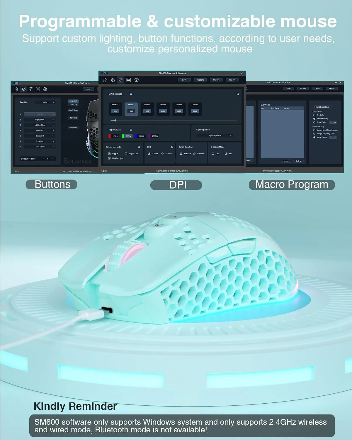 SOLAKAKA SM600 Wireless Wireless Gaming Mouse with Honeycomb Shell,Gray