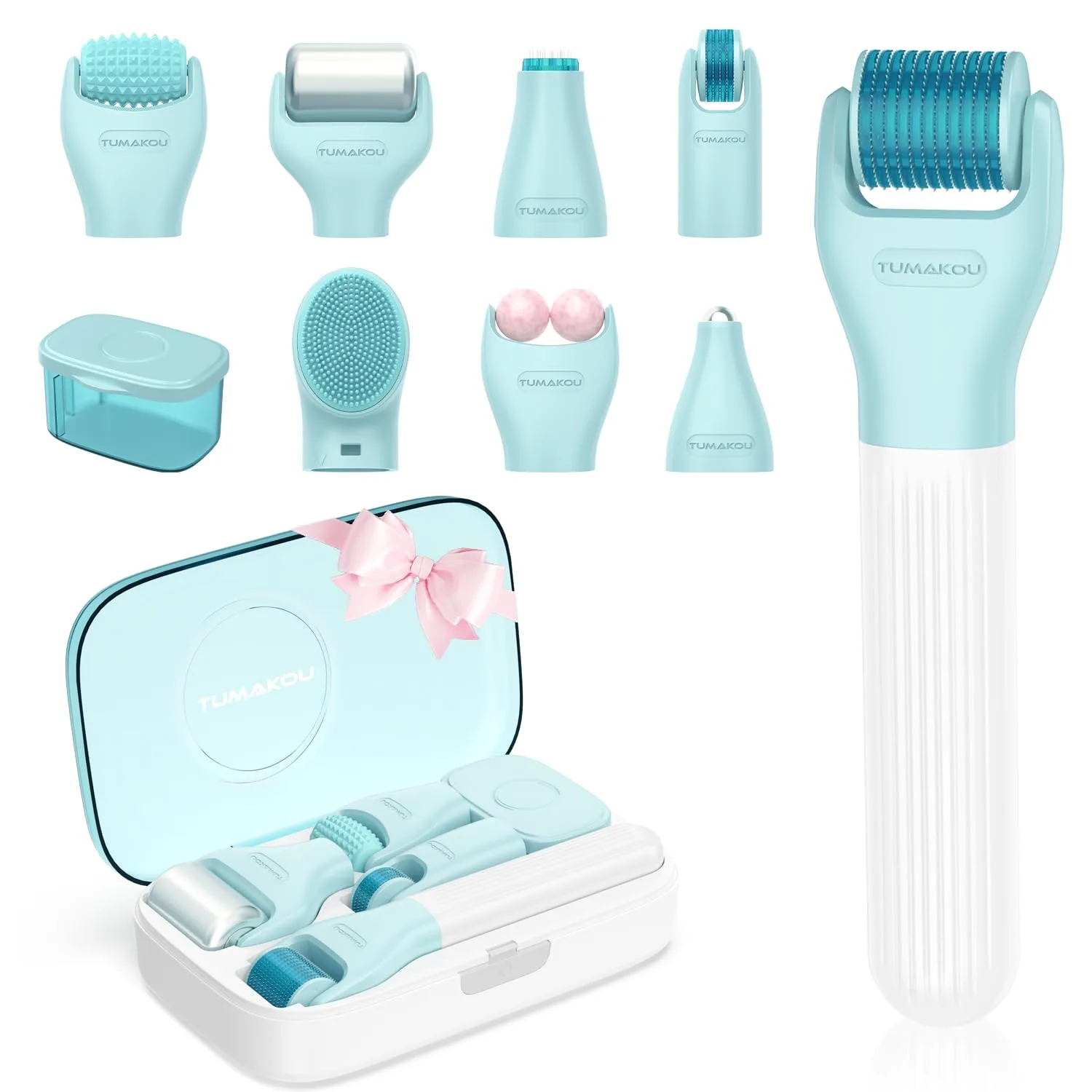 Derma Roller Tumakou 10 en 1 con 9 cabezales para rostro, cuerpo y cuero cabelludo
