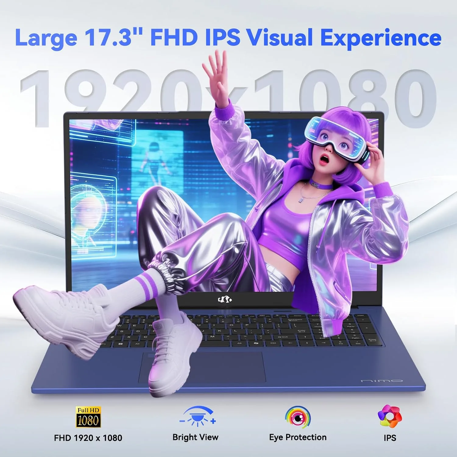 NIMO 17.3 FHD Light Gaming AI-Laptop, 8 Cores AMD R7 16GB DDR5 512GB SSD