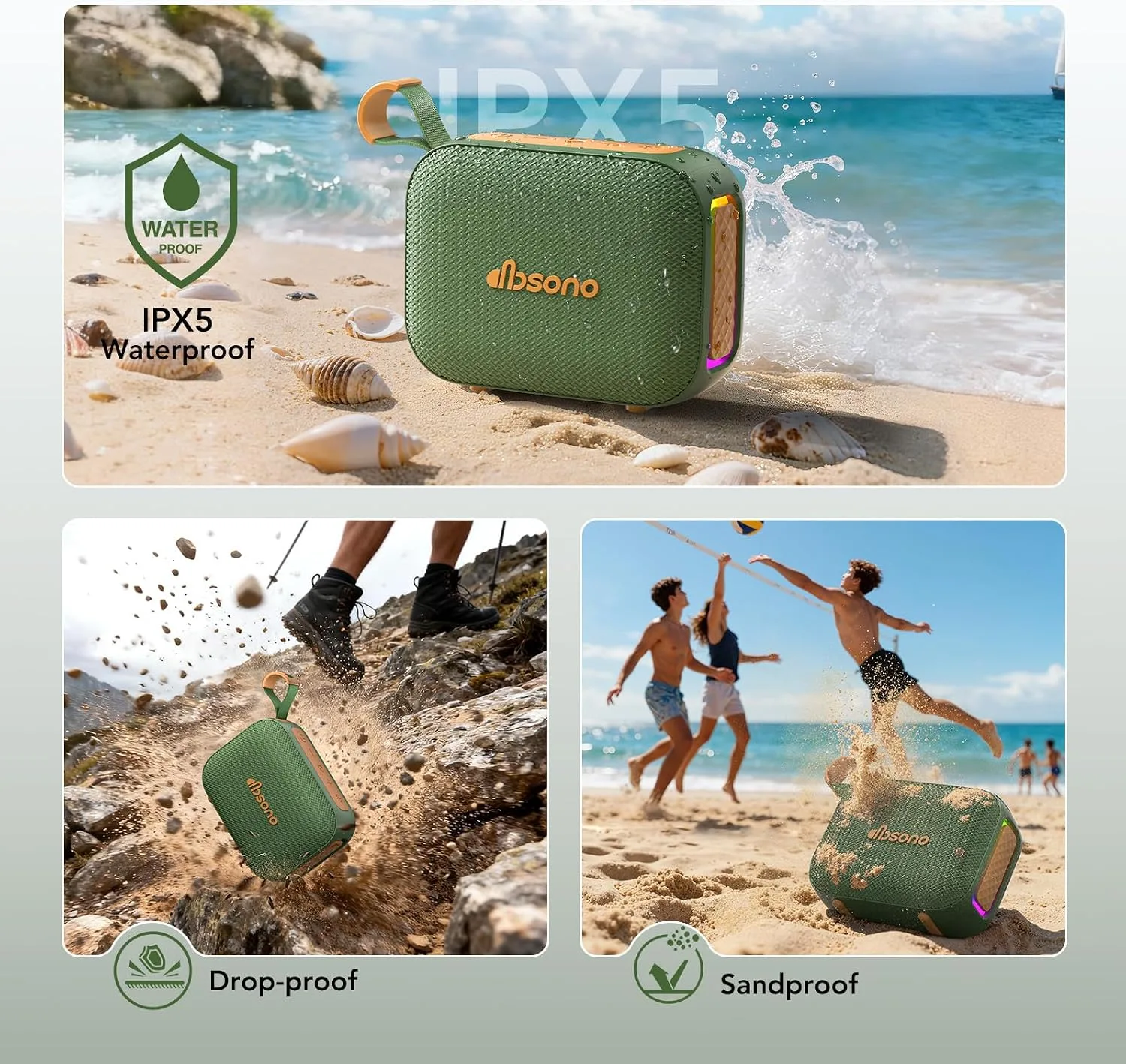 Portable Bluetooth Speaker Line-in Support: IPX5 Waterproof, Dark Green