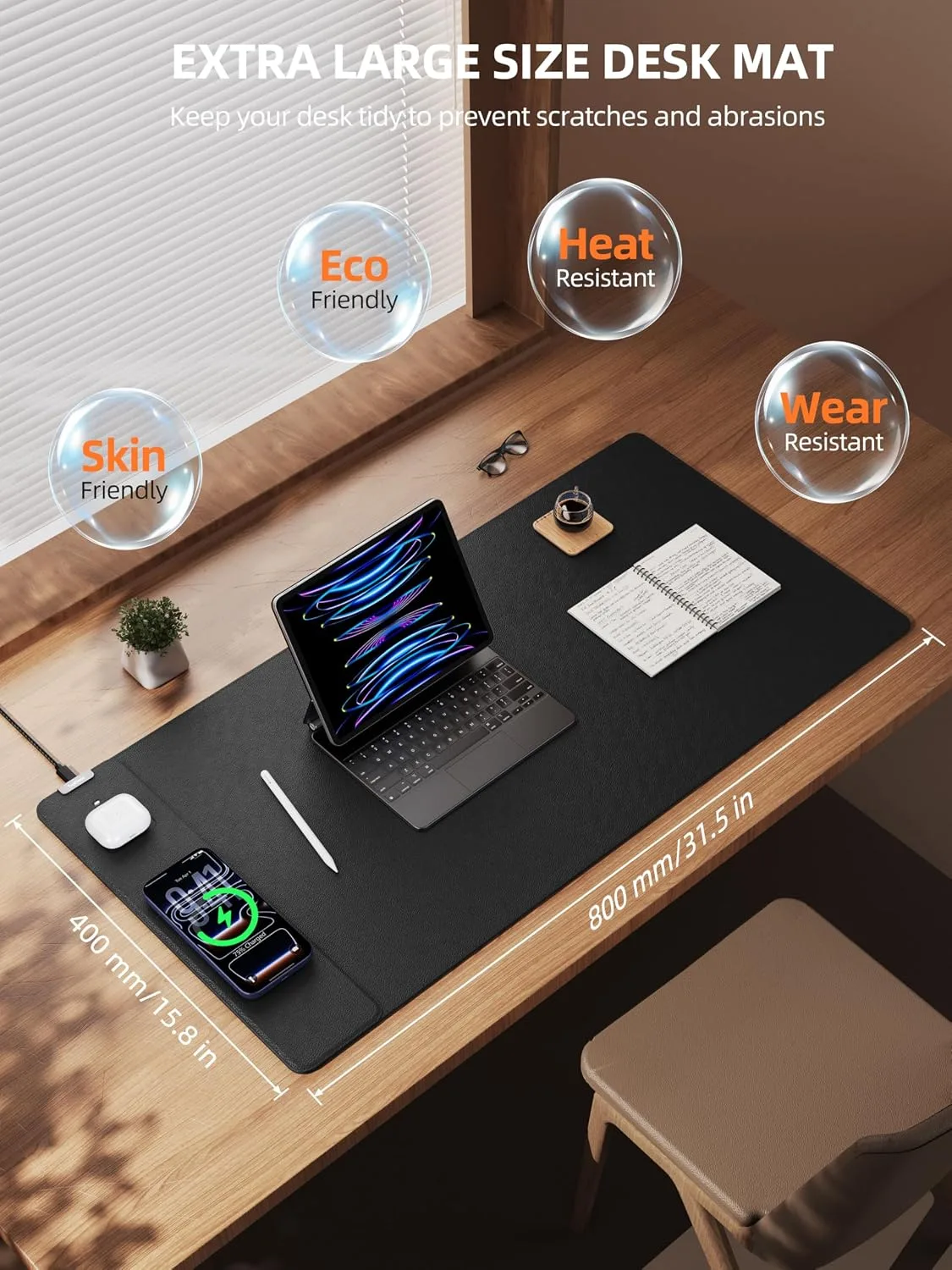 Mouse Pad with 15W Wireless Charging, XXL Large Leather Desk Mat, Black