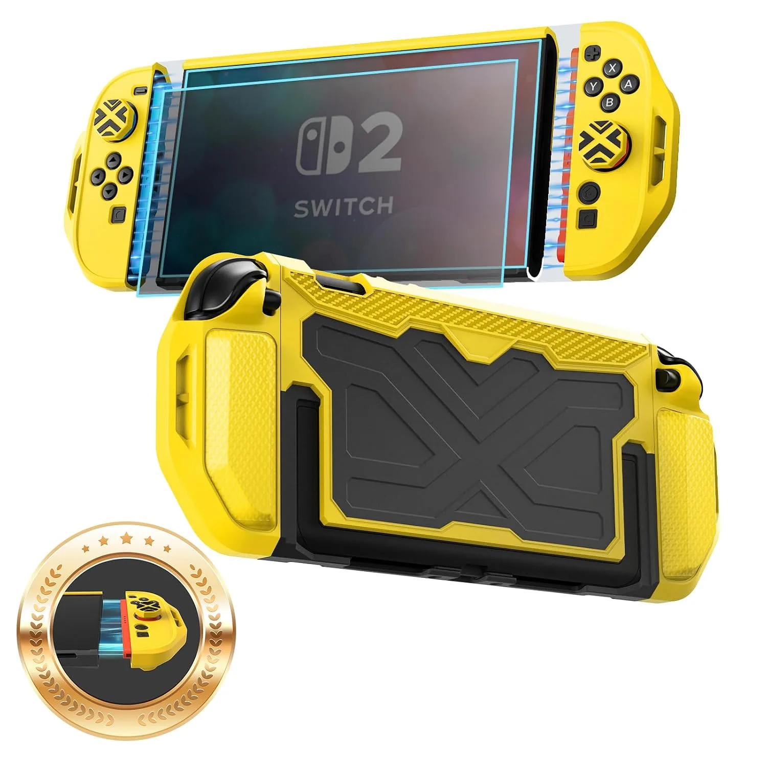 Toladoshop Dockable for Switch 2 Grip Case (2025) Accessories, Armor Slim Military-Grade Protection for Detachable 3PCS Design Joncon Holder with Screen Protectors and Joystick caps, Yellow