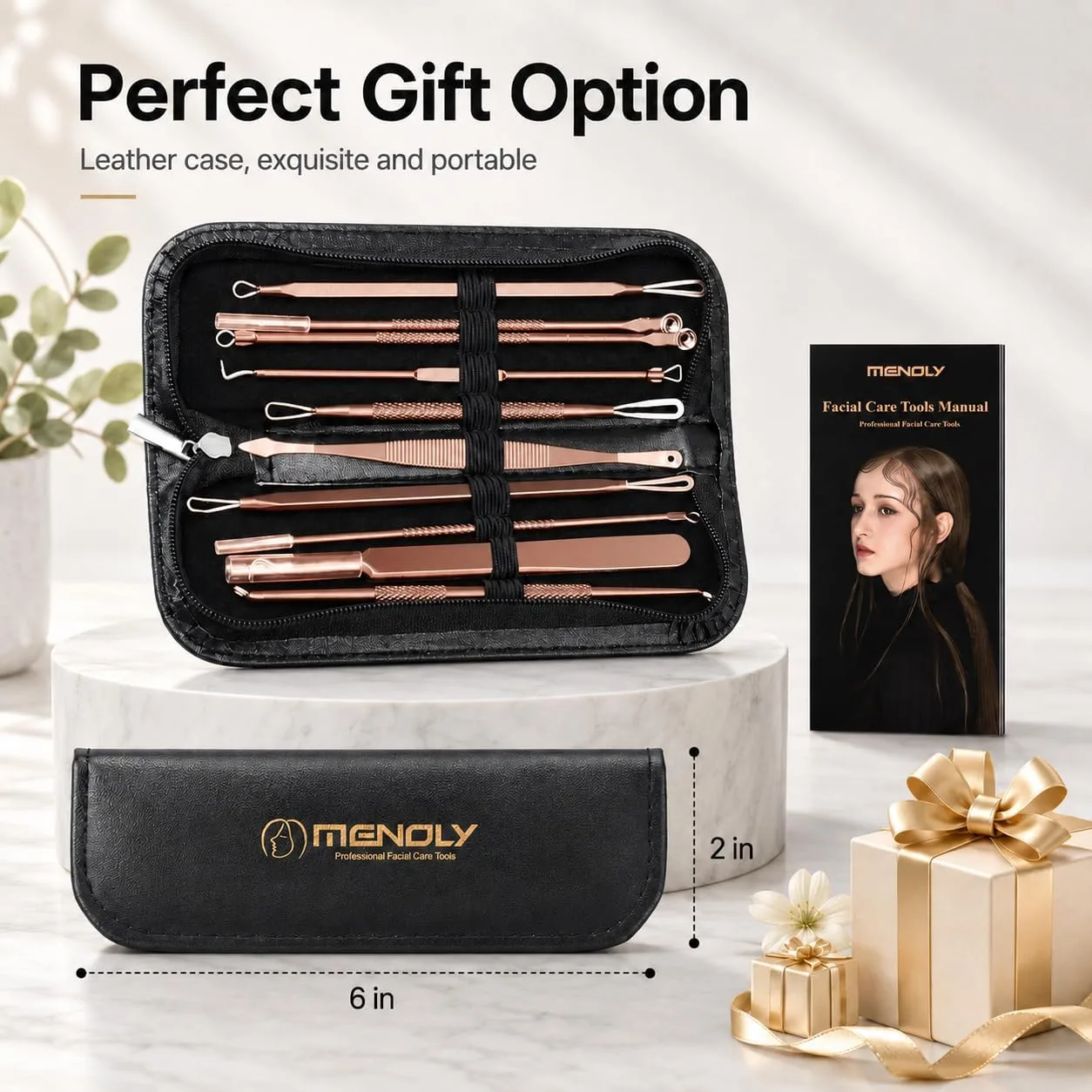 Pimple Popper Tool Kit, MENOLY 10 Pcs Blackhead Remover Comedone Extractor Acne Removal Kit for Blemish, Whitehead Popping,Zit Removing for Nose Face Tools with a Leather Bag (Rose Gold)