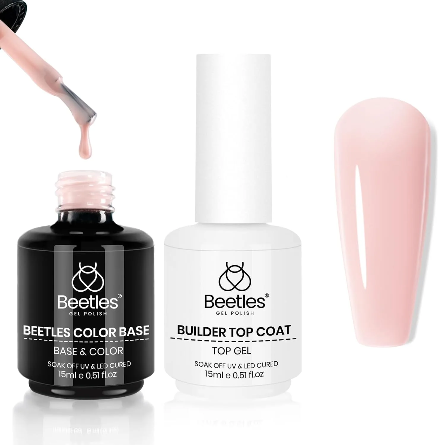 Beetles Color Base Coat & Builder Top Coat Gel Set, 2Pcs 15ML Nude Pink Color Base Ultra Shine No Wipe Builder Top Coat for Nails, Long Lasting Thick Base For Nail Strengthening Gift for Girls