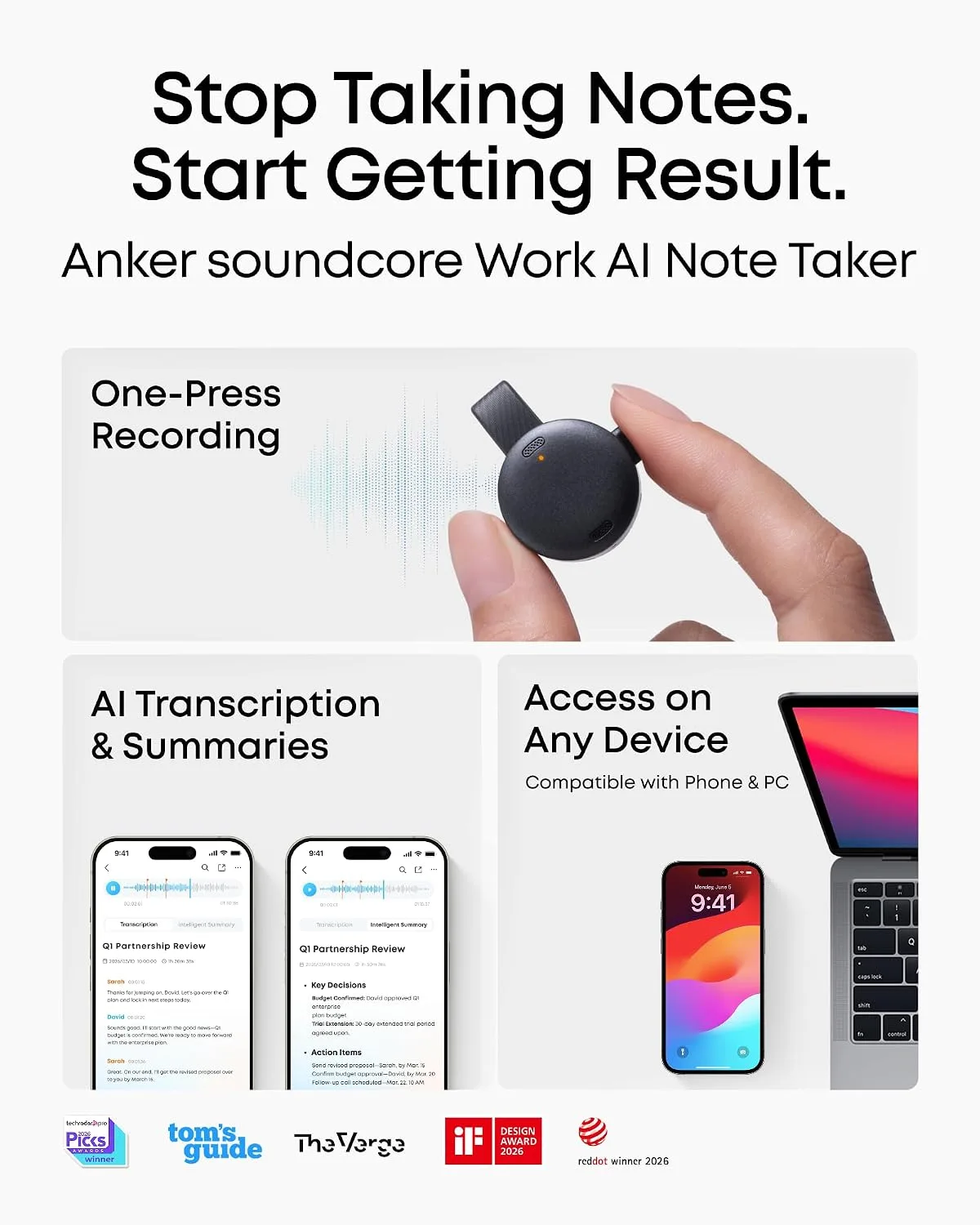 soundcore Work by Anker, Coin-Sized AI Voice Recorder, 64 GB, MFi-Certified