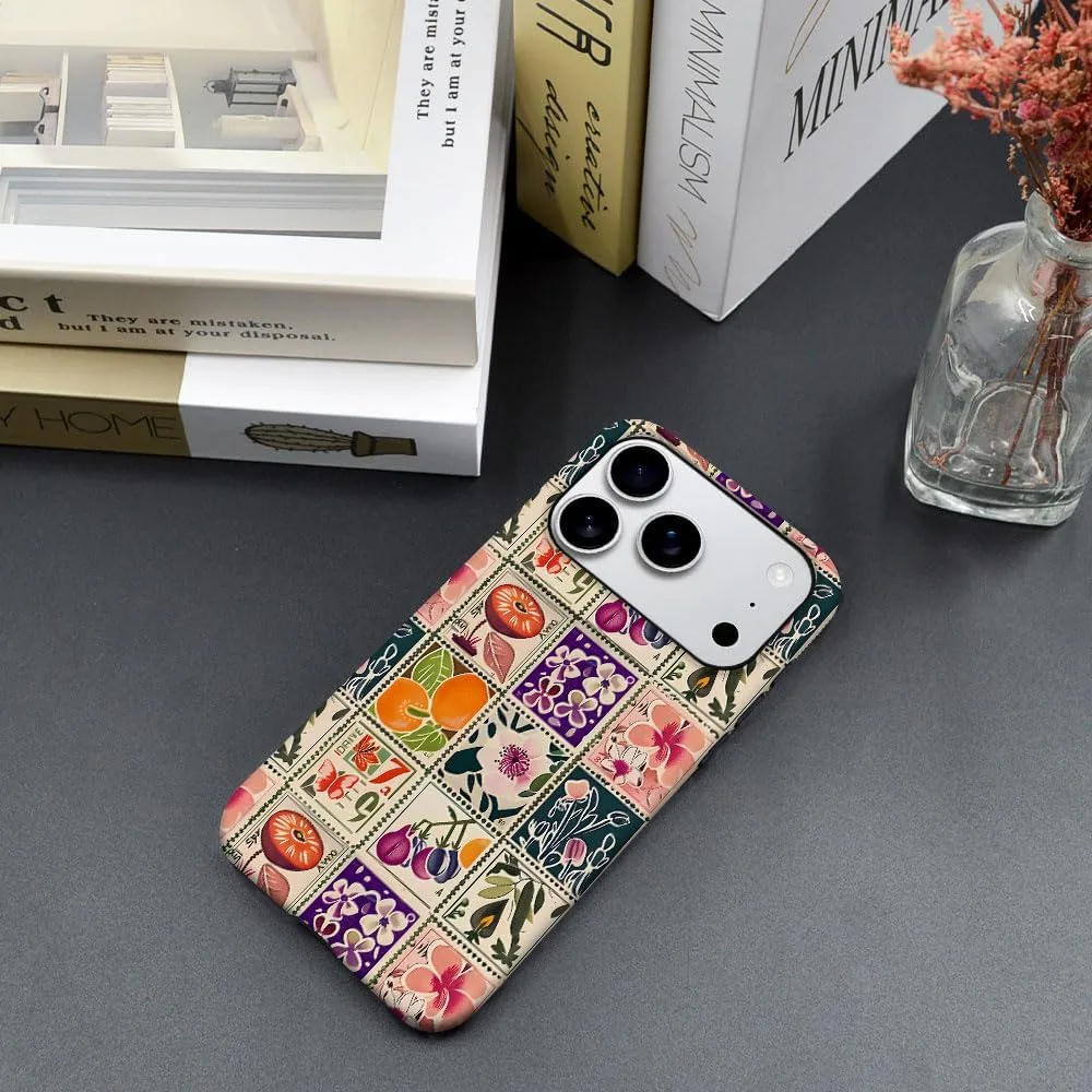 Case Compatible with iPhone 18 Pro/iPhone 17 Pro,Fall Prevention Hybrid 2-Layer Hard Shell Phone Cover for Girls Boys,Vintage Flower Orange Stamp Collage