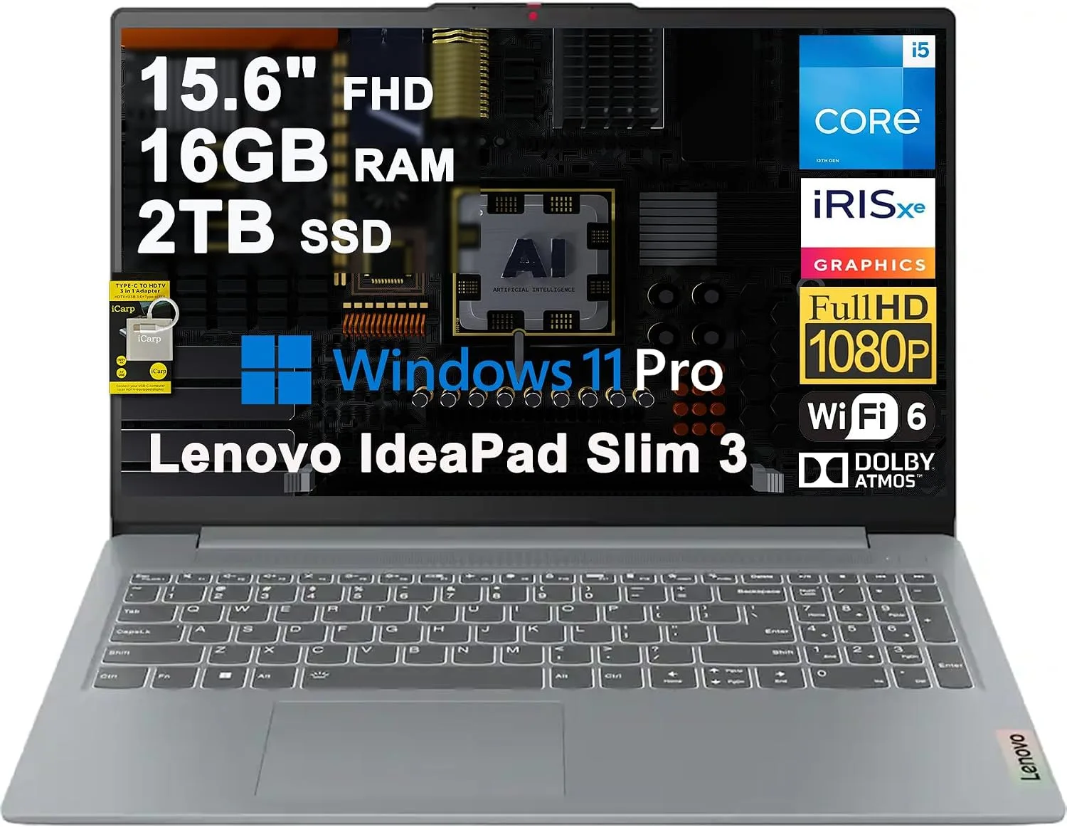 Lenovo IdeaPad Slim 3 Business Laptop 15.6" FHD Anti-Glare Intel 10-core i5-1335U 16GB RAM 2TB SSD Type-C Wi-Fi6 Long-Lasting Battery Rapid Charging Win11Pro ICP Acc