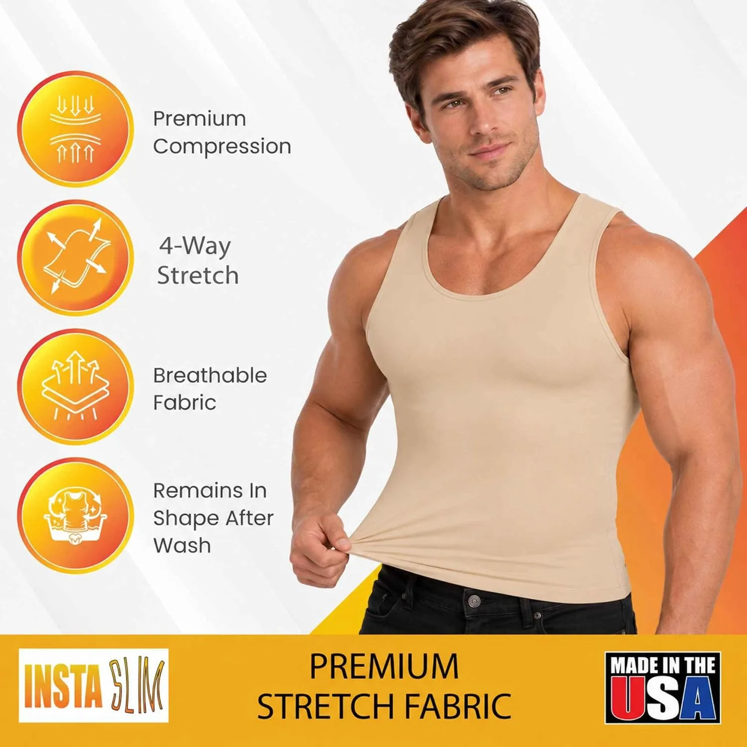 Insta Slim - Made in USA 3 Pack Compression Muscle Tank Body Shapers for Men. Back Support, Slimming Shapewear Undershirt