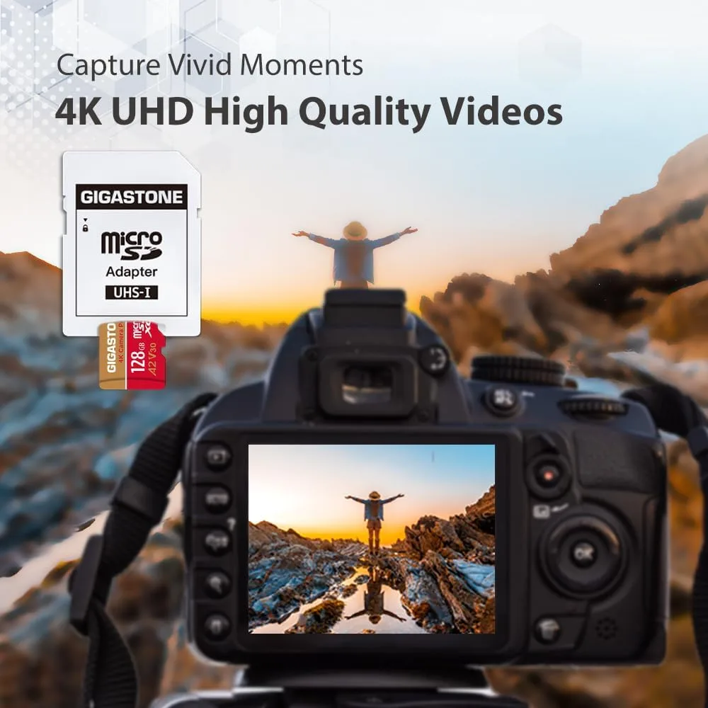 【5-Yrs Free Data Recovery】 GIGASTONE Memory Card 128GB 2 Pack 4K Pro Camera, Compatible with GoPro Switch, Speed 100MB/s. A2 U3 V30 Micro SDXC Card with SD Adapter.