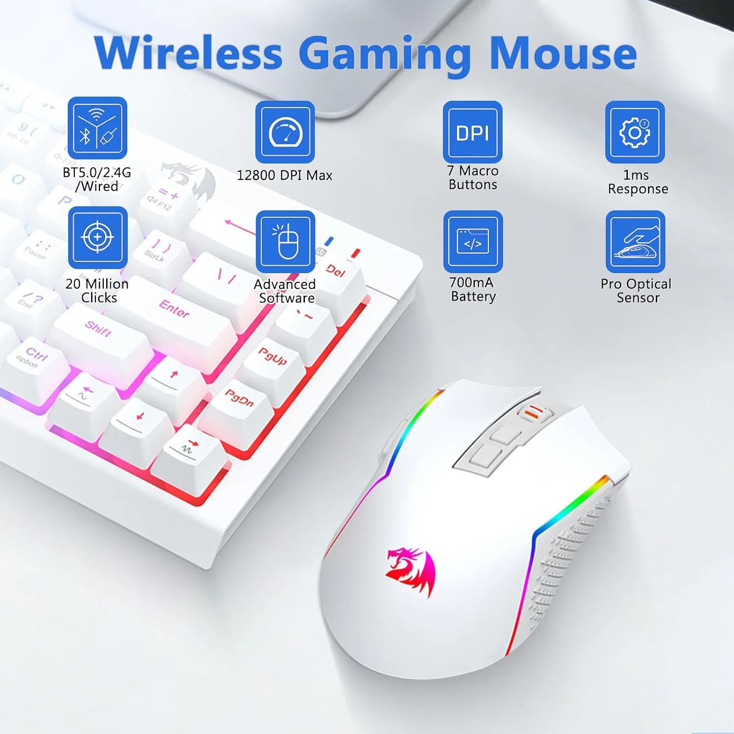 Redragon Wireless Gaming Keyboard and Mouse Combo 60% Portable, White