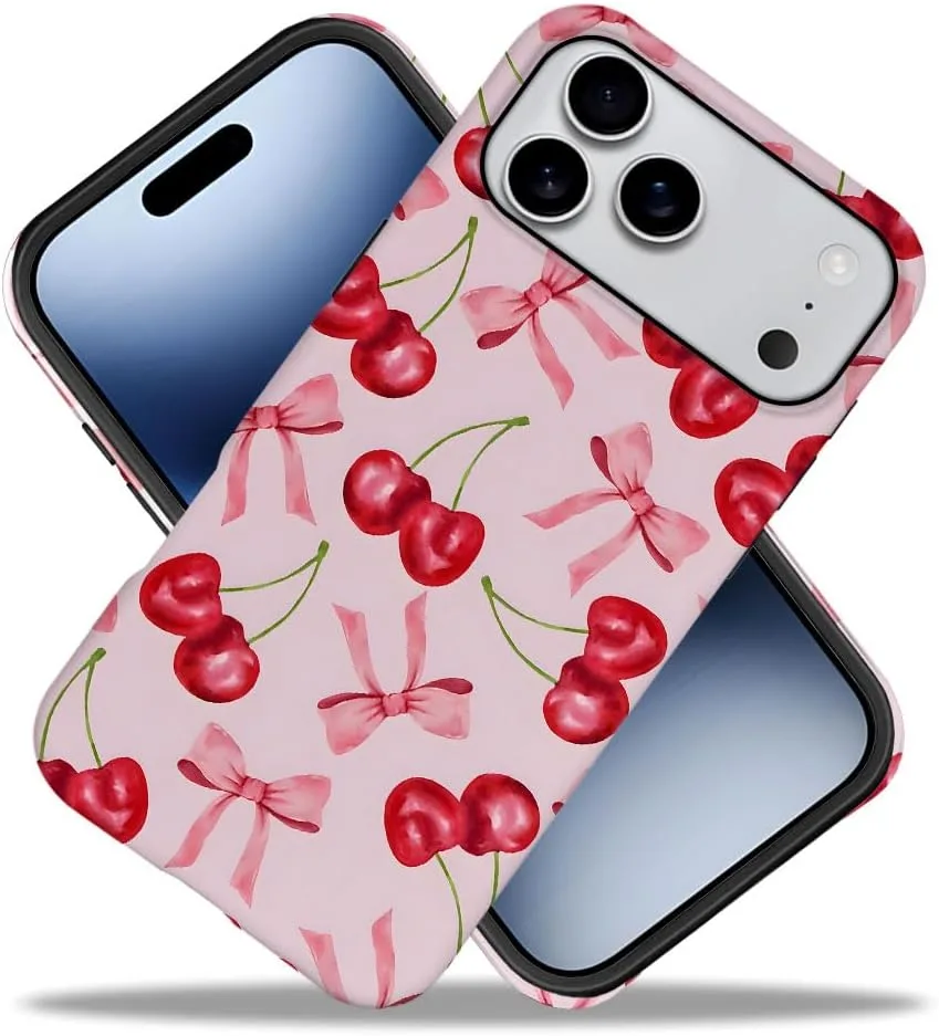 Case Compatible with iPhone 18 Pro Max/iPhone 17 Pro Max,Fall Prevention Hybrid 2-Layer Hard Shell Phone Cover for Girls Boys,Pink Bow Cherry Ribbon Fruit