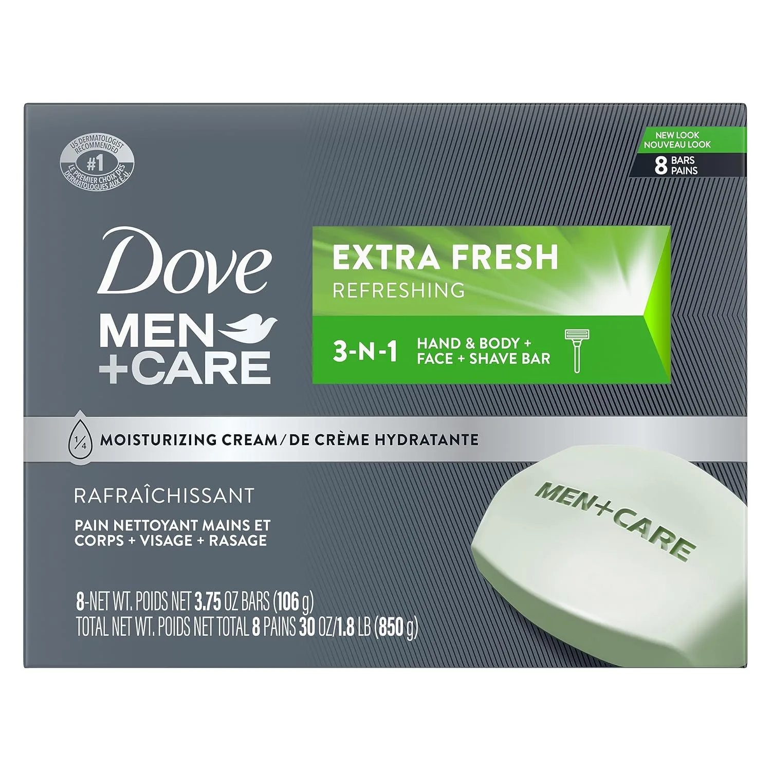 DOVE MEN + CARE 3 in 1 Bar for Body, Face and Shaving, 8 Count, 3.75 oz