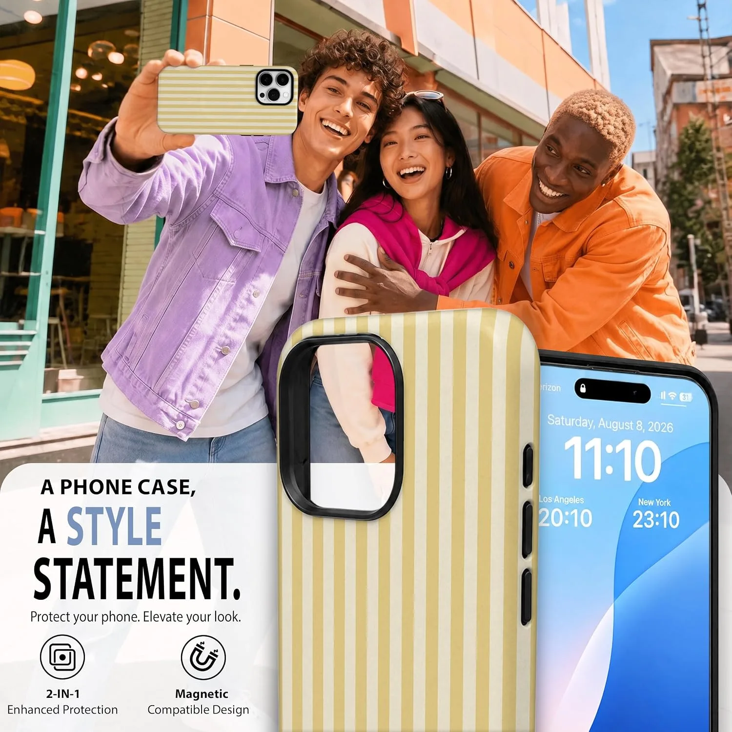 Magnetic for iPhone 16 Pro Phone Case, Chic Butter Yellow Striped
