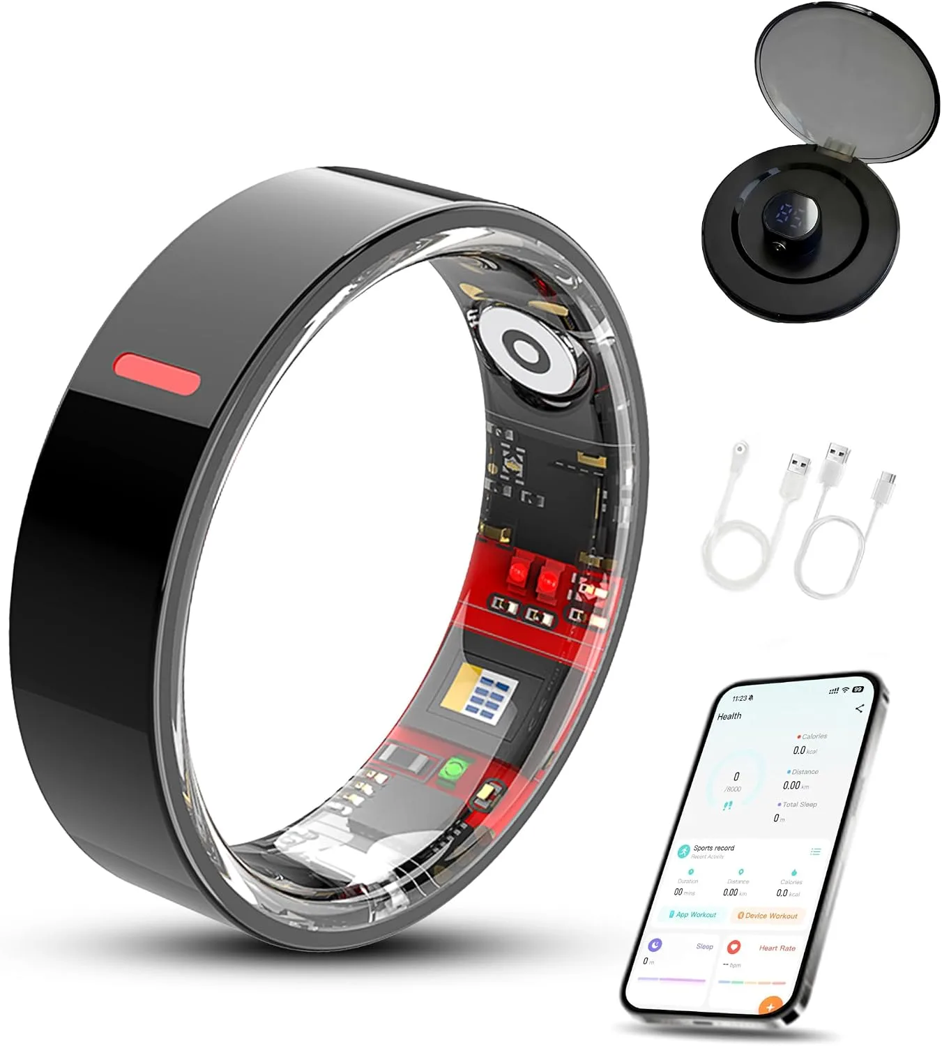 smart Ring with Charge Case Health Tracker for Men Women, Sleep Stress Exercise Health Monitoring, IP68 Waterproof, Long Battery Life, No Subscription, iOS Android Compatible, Black, 11#