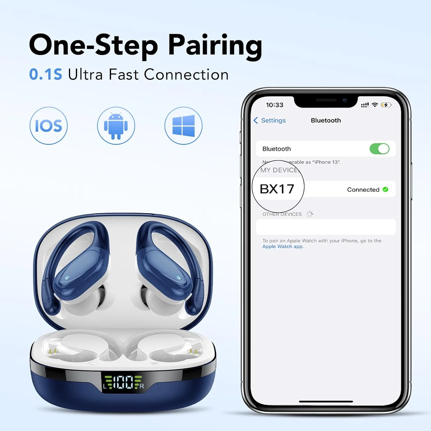 Ear buds Wireless Earbuds Bluetooth 5.3 Headphones 60hrs Playtime with Digital Display Sports Wireless Headphones with Earhook Deep Bass IPX7 Waterproof Over-Ear Earbuds for Android iOS Workout Blue