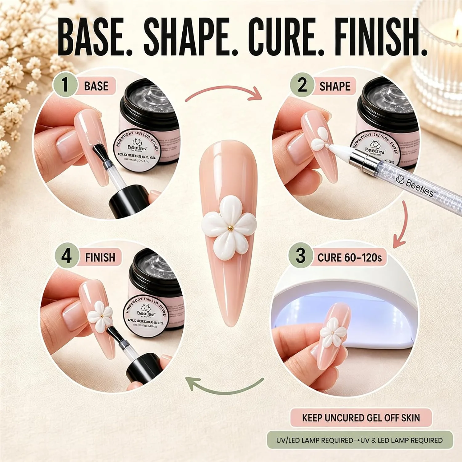Beetles 3D Gel Nail Art, 2 Pcs Clear & White with Sculpting Pen and 3D Mold