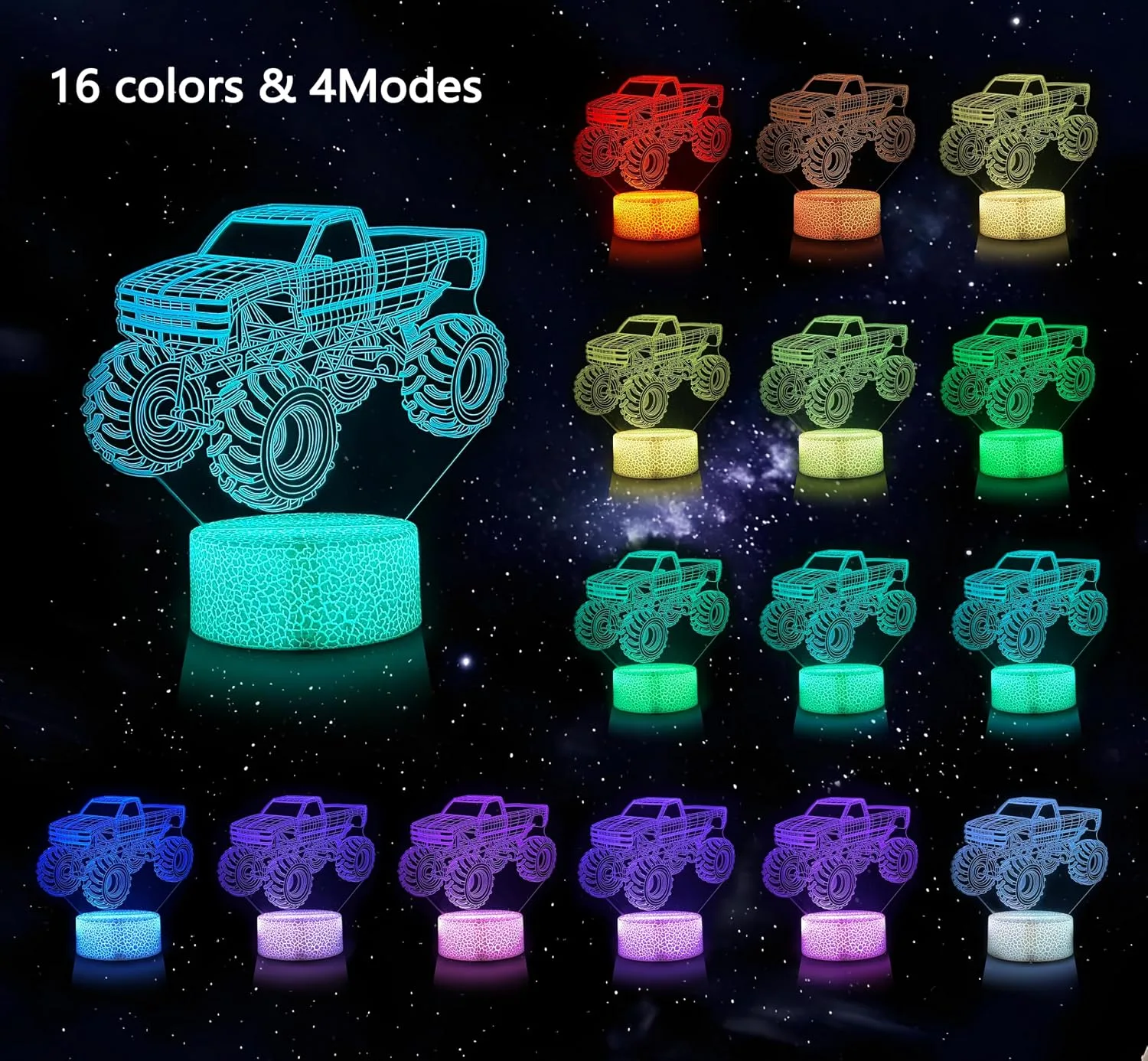 Boys Night Light with 3 Patterns, 3D Acrylic Car Illusion Lamp, Monster Truck Room Decor, 16 Color Changing with Remote Control, Birthday & Holiday Gift for Monster Truck Fans