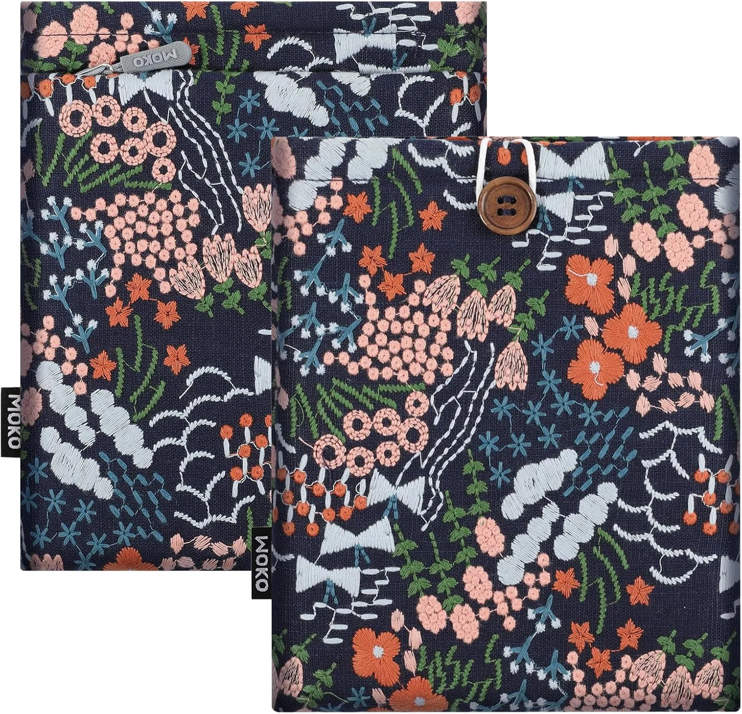 MoKo 6-7 Inch Embroidered Daisy Padded E-Reader Sleeve Zippered Bag with Back Pouch for Most 6/6.8/7 inch E-Reader, 6" Nook Glowligt 4, 6" Kobo Clara BW/Clara Colour, Indigo Flower