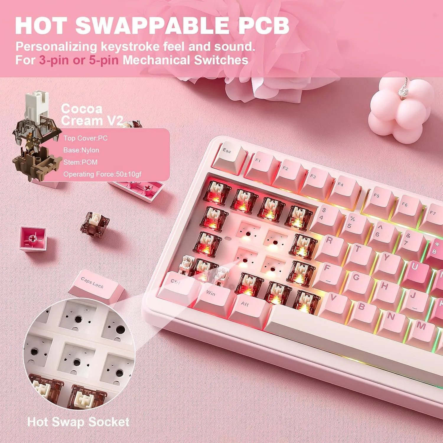YUNZII B75 PRO 75% Wireless Mechanical Keyboard (Pink, Cocoa Cream V2)