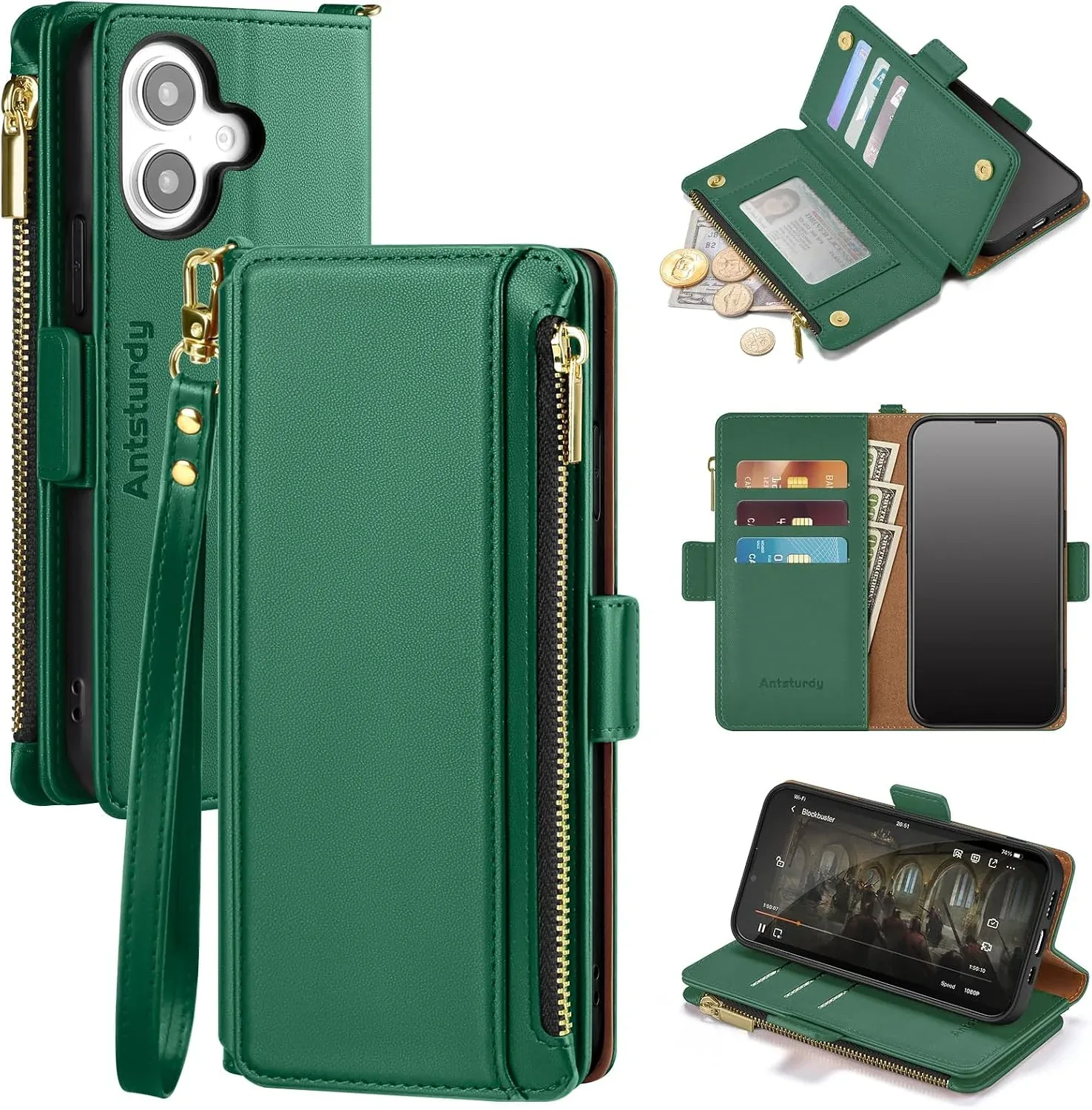 Antsturdy for iPhone 16 Phone Wallet Case Women,Green