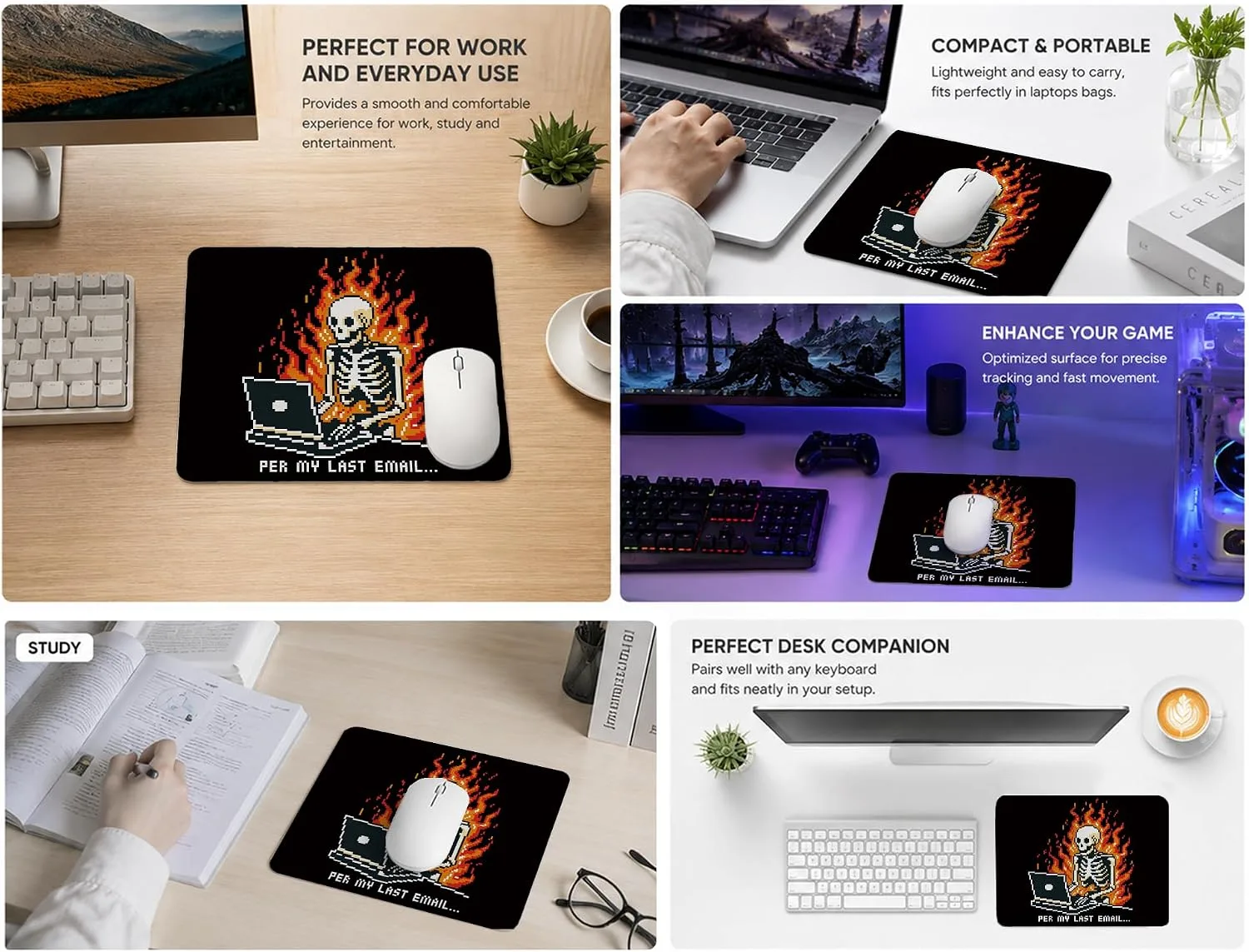 HONLUNG Funny Office Mouse Pad, Sarcastic Work Humor Desk Accessories, Per My Last Email Skeleton Mouse Pad, Non-Slip Rubber Base, Stitched Edges, Funny Coworker Gift, Small Mousepad,9.4x7.9 Inch