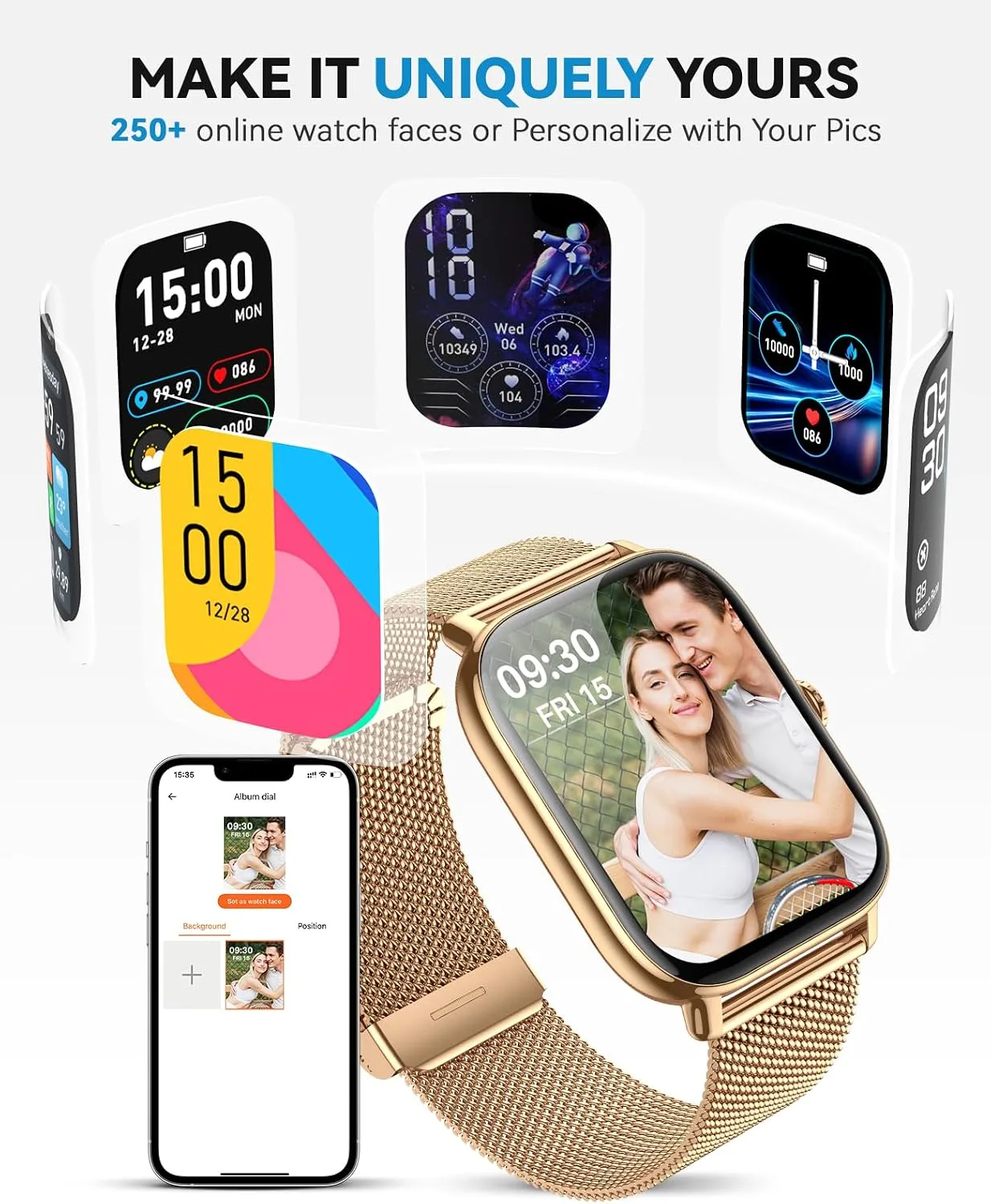Smart Watch for Women Men- Answer/Make Call, IP68 Waterproof Fitness Tracker with Sleep Monitor,Smartwatch for Andriod iPhone Compatible (Warm Gold Case w/Champagne & Vintage Gold Band, 1.91)