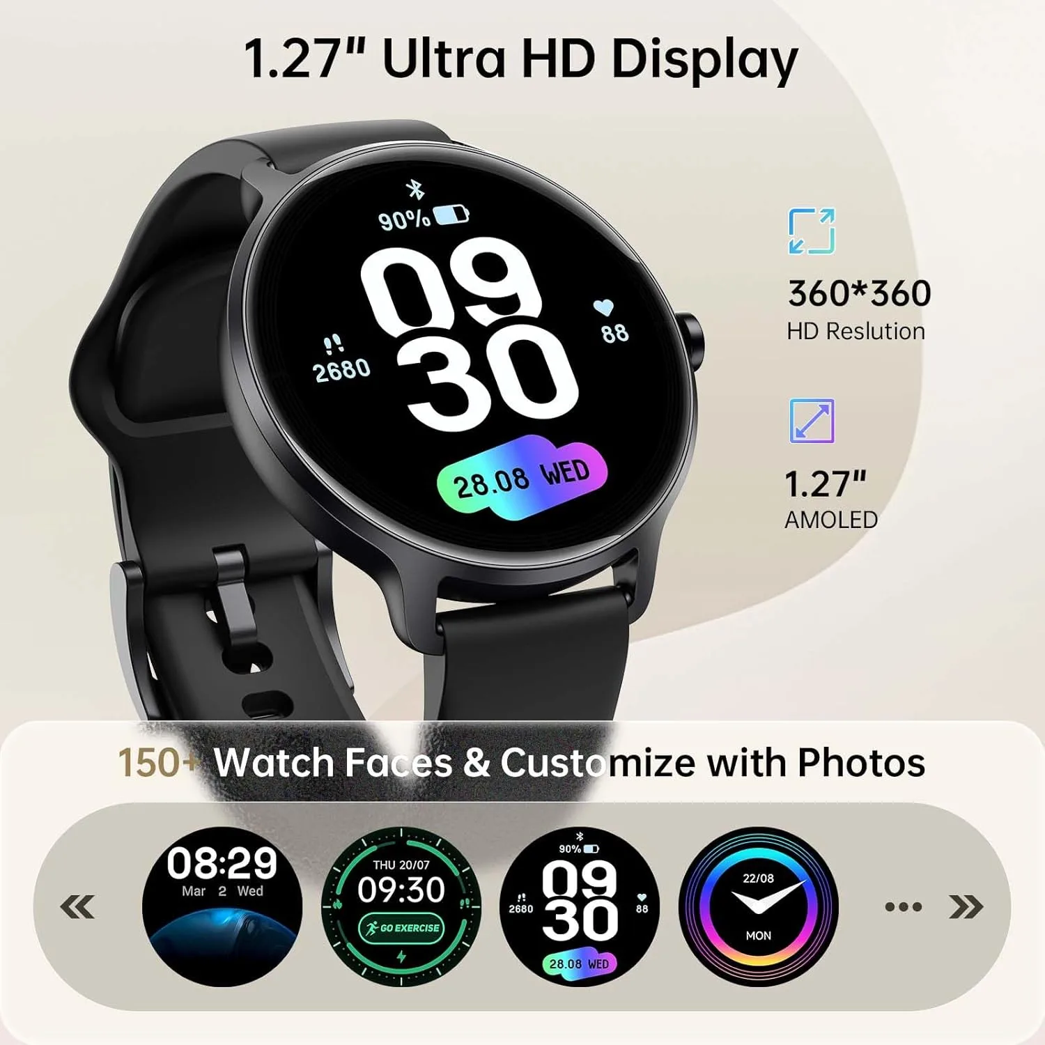 Smart Watch for Women Men, 1.27" HD AMOLED Stylish Smartwatch (Answer/Call) for iPhone/Android/Samsung, Fitness Tracker with 120+ Sport Modes, Heart Rate/Sleep/Health Monitor, IP68 Waterproof, 2 Bands