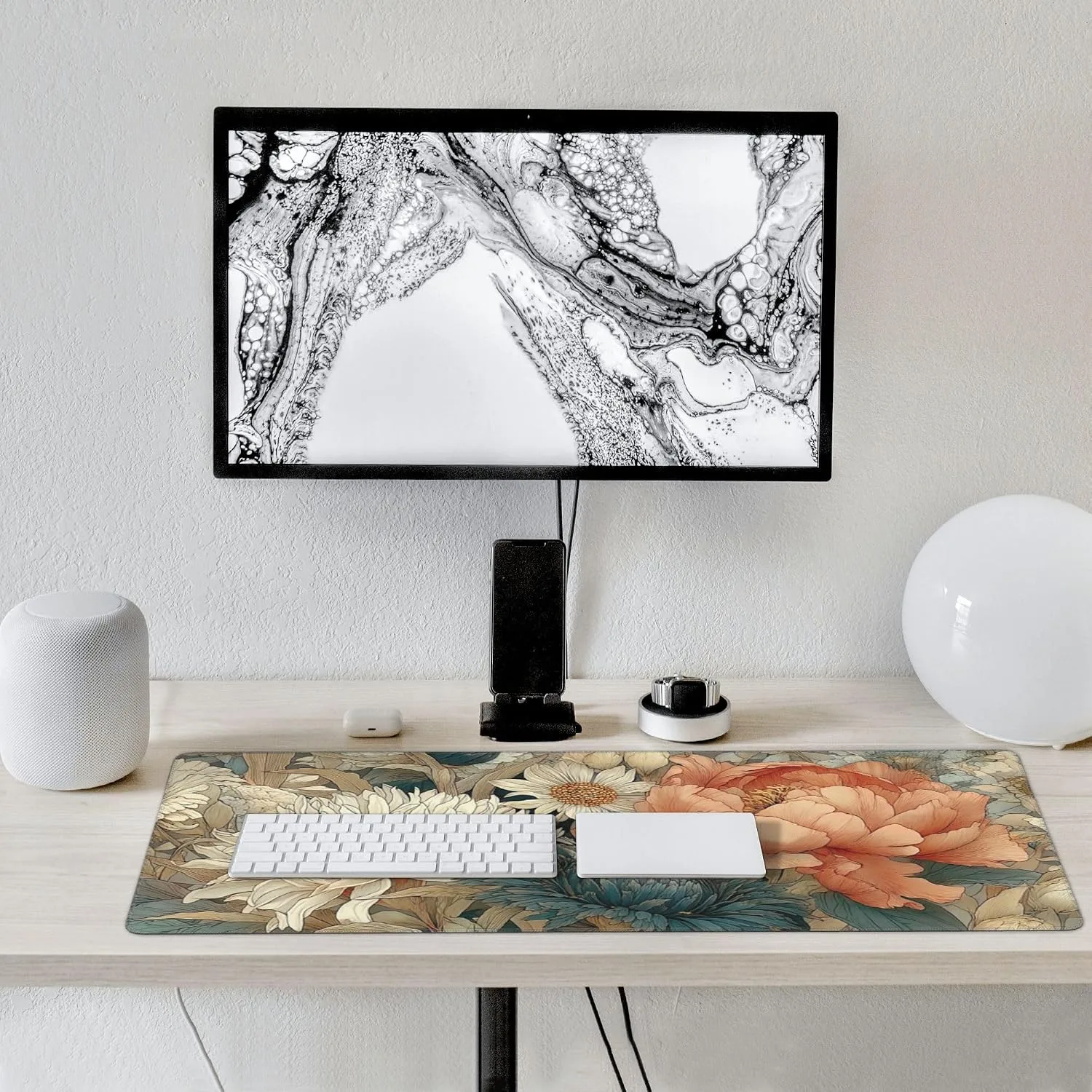 Retro Blossom Boho Floral Large Desk Pad, Anti-Slip Rubber Mouse Pad for Office and School, 35.4" x 15.7"