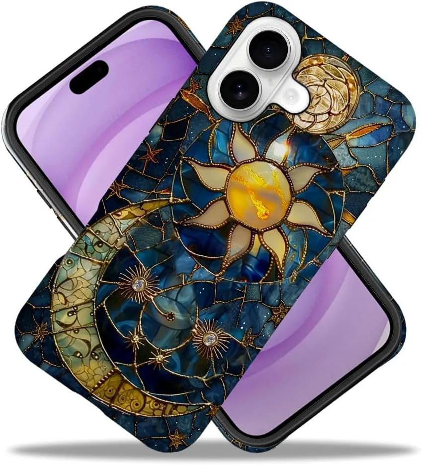 Case Compatible with iPhone 17,Fall Prevention Hybrid 2-Layer Hard Shell Phone Cover for Girls Boys,Sun Moon Celestial Glass