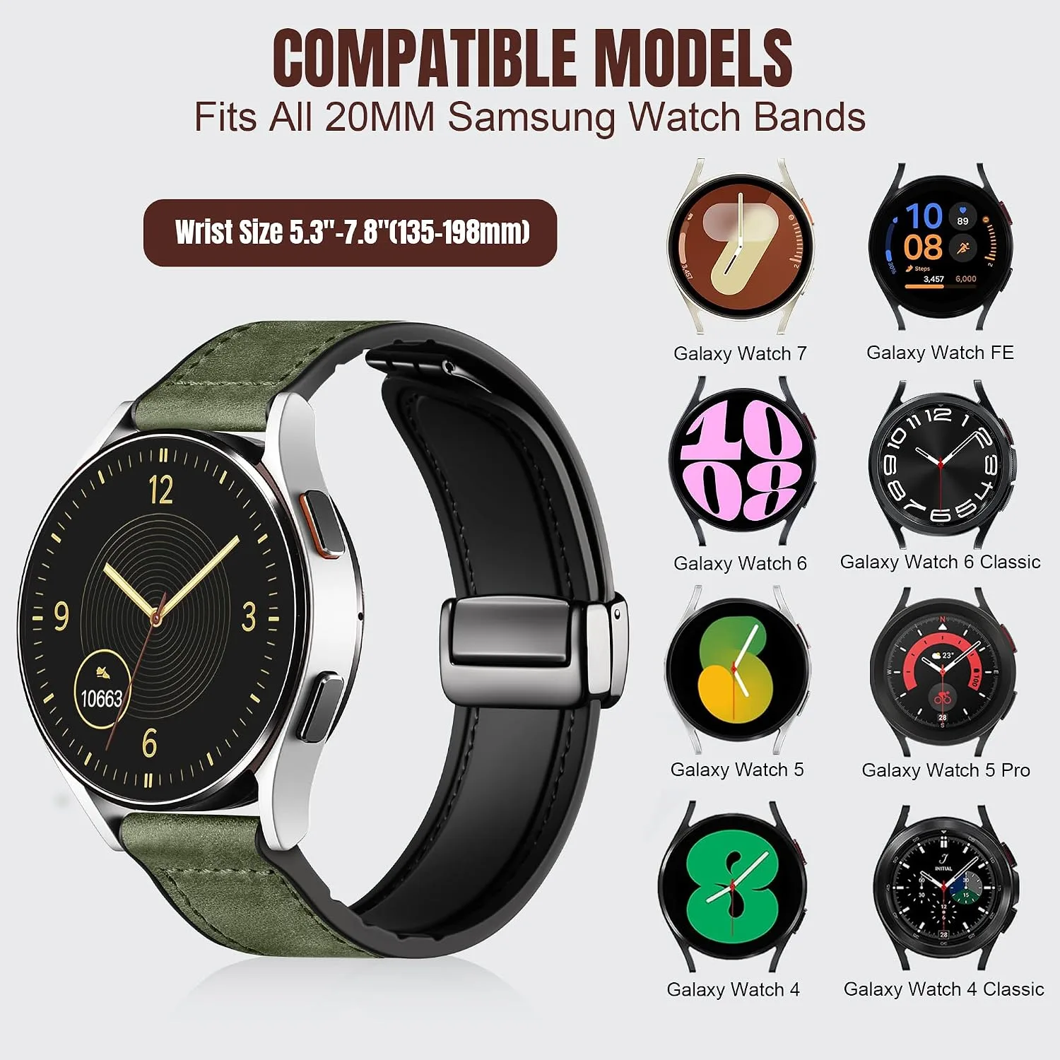 Charlam Magnetic Leather Bands Compatible with Samsung Galaxy Watch 7 Band 6 5 4 FE Active 2 40mm 44mm/Watch 6/4 Classic/Watch 5 Pro/3, 20mm Genuine Leather Straps for Samsung Watch Bands Men Women
