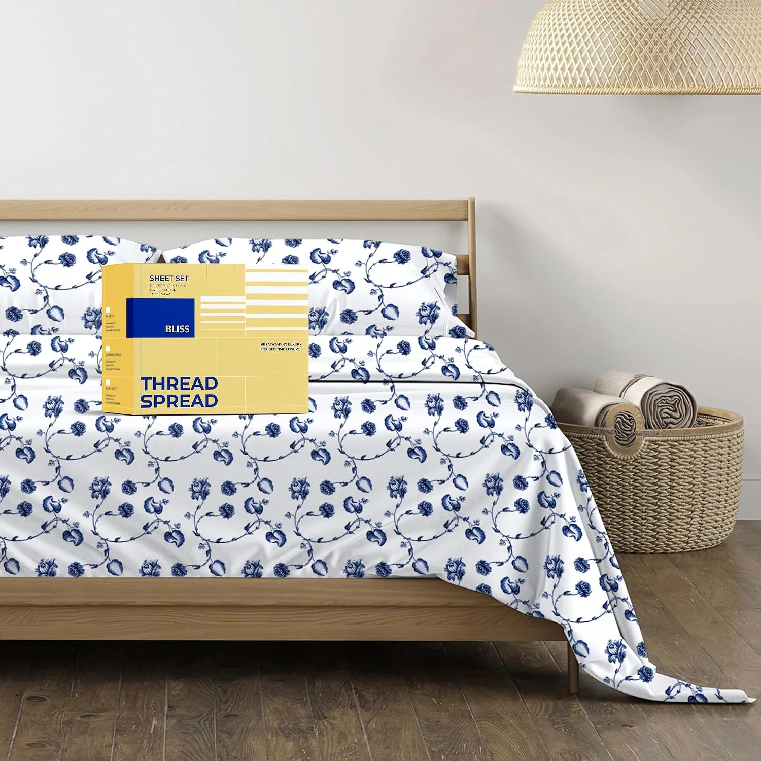 THREAD SPREAD Egyptian Cotton Queen Sheet Set - Luxury 600 Series Sheets Queen Size Bed Set (4 PC, Floral Blue), 16" Deep Pocket All Around Elastic, Soft, Sateen Weave, Durable Hotel Bed Sheet Sets