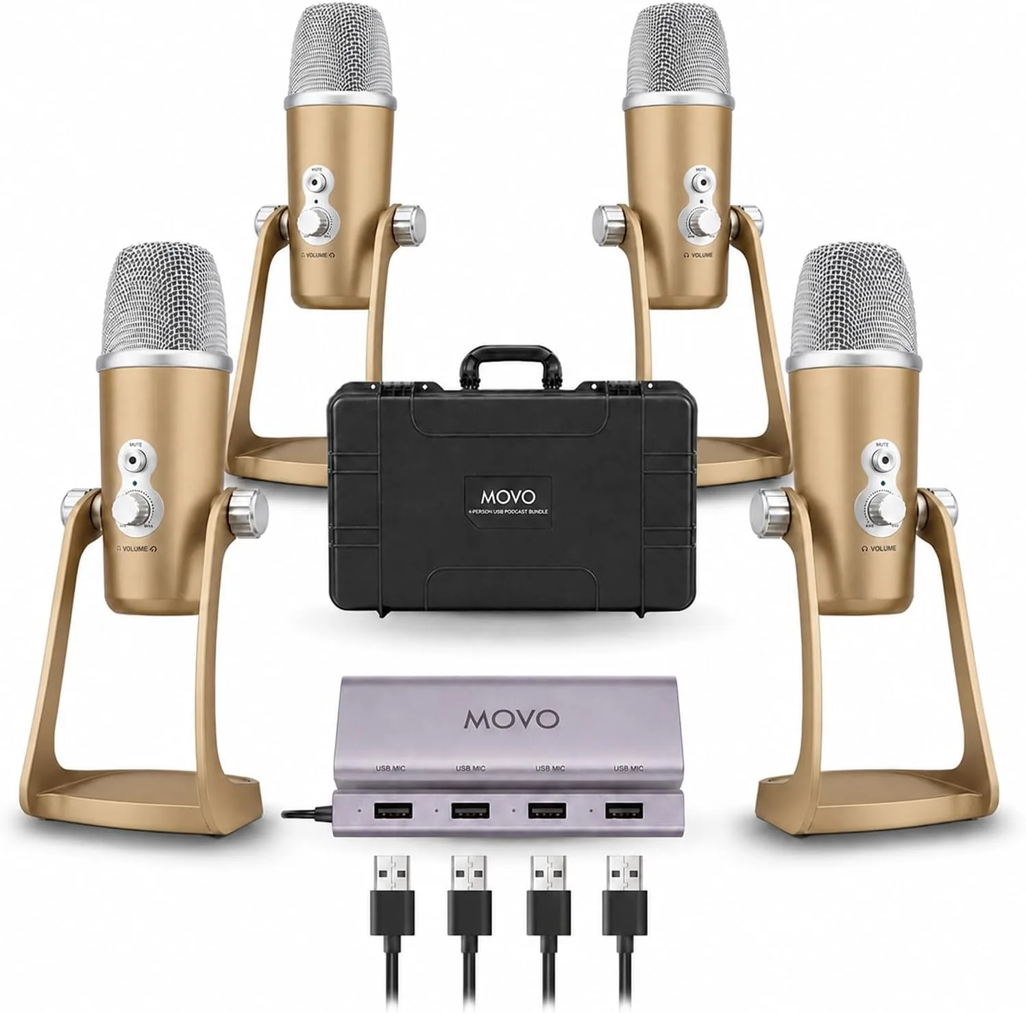 Movo 4-Person USB Podcast Bundle – 4 Condenser Mics, Hub & Case (Rose Gold)