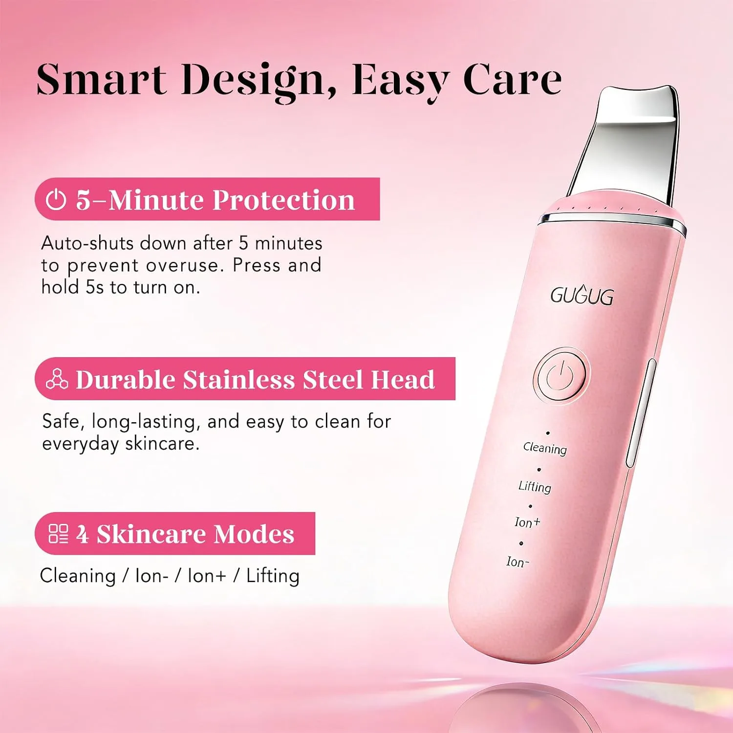 GUGUG Skin Scrubber Spatula Pore Cleaner Blackhead Remover,4 Modes,Pink