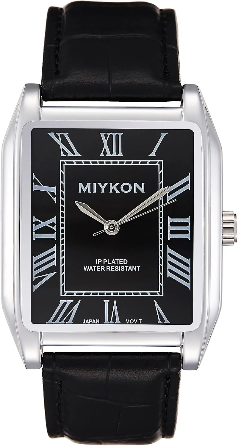 Miykon Men Vintage Tank Dress Watch, Genuine Leather Strap, Water Resistant