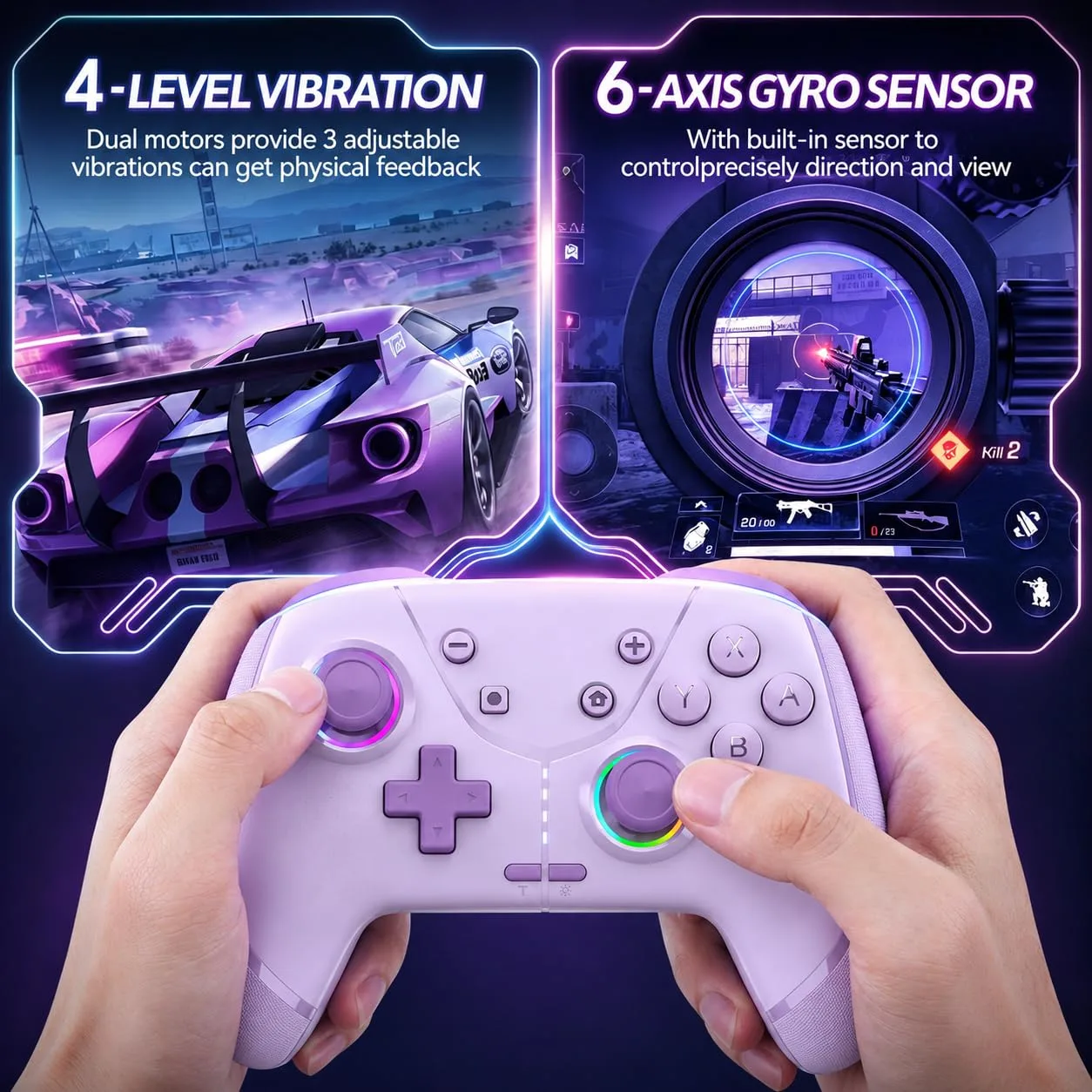 Switch Controller, Wireless Pro Controller for Nintendo Switch 2/Switch/Lite/OLED, Bluetooth controllers Compatible with iPhone/Mac/iPad/iOS/Android/Phone/PC/Steam and TV with Programming/RGB4/Vibration / 3 Turbo Modes/6-Axis/Motion (Purple)