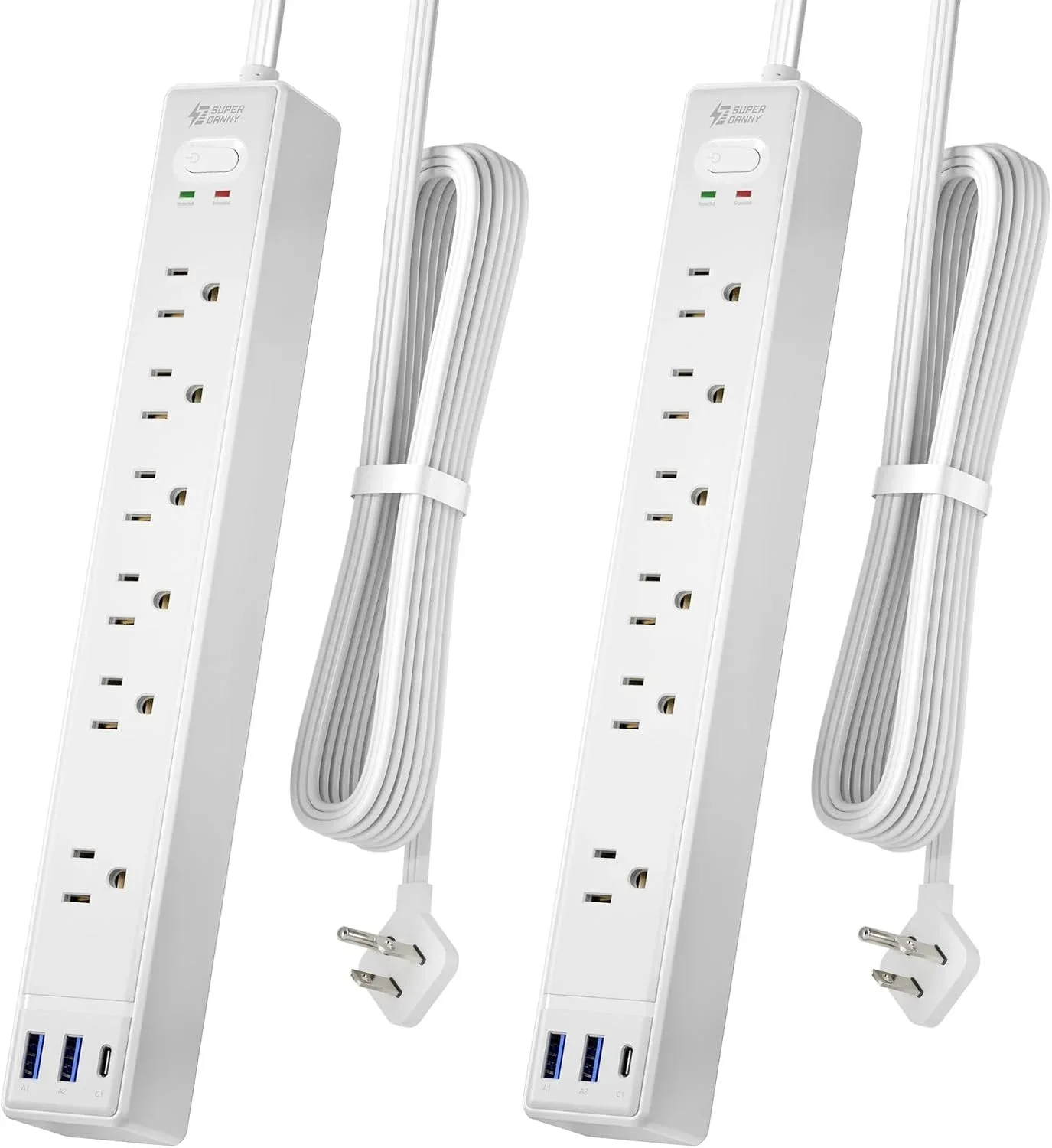 2 Pack 6Ft Extension Cord, SUPERDANNY Flat Plug Surge Protector Power Strip