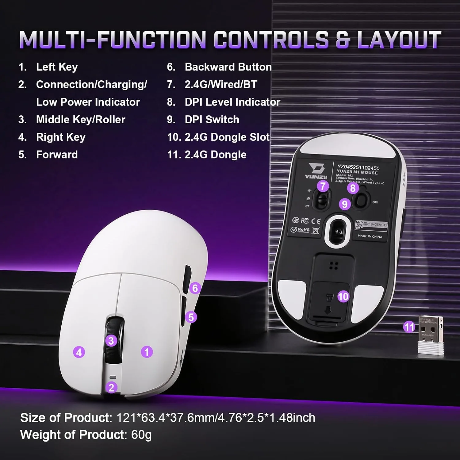 YUNZII M1 PAW3311 Sensor Wireless Gaming Mouse (White)