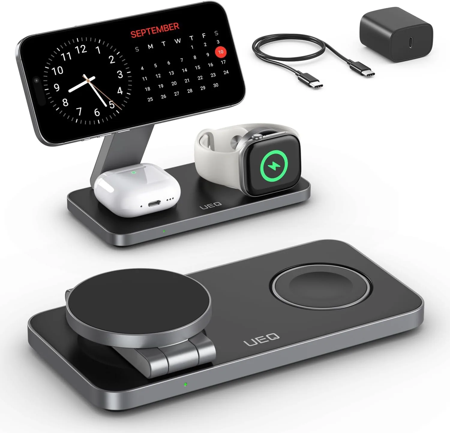 UEQ Foldable 3 in 1 Wireless Charging Station for Apple Magsafe Charger Stand,Fast Magnetic Wireless Charger Station for iPhone 18 Pro Max 17 Air 16 15 14 13 12 Series,Apple Watch,AirPods(Pure Black)