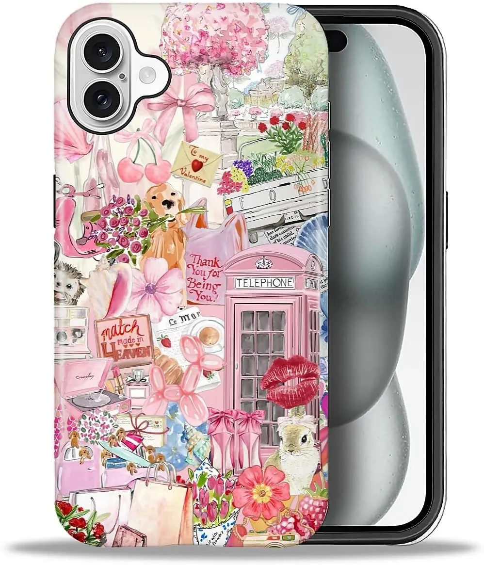 DAIZAG Case for iPhone 16 Plus,Mixed 2 Layer Design Shockproof Soft TPU Ddouble Protection Phone Case for iPhone 16 Plus-Cute Pink Animal Garden Collage