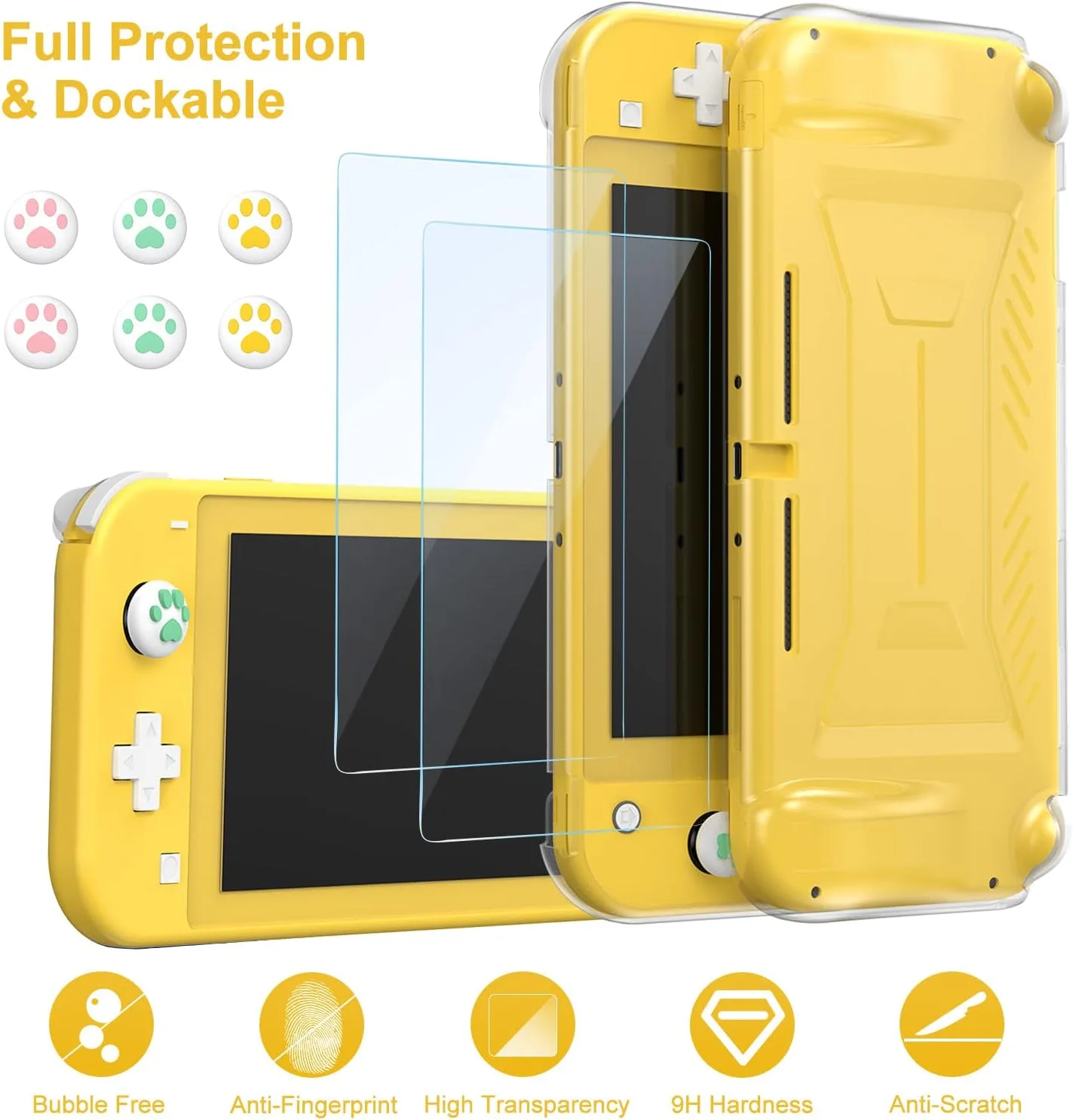 innoAura Switch Lite Case 18-in-1 Accessories Bundle for NS Switch Lite (2019), with Protective Carrying Case, Game Holder, Screen Protector & Cute Thumb Grips, Yellow