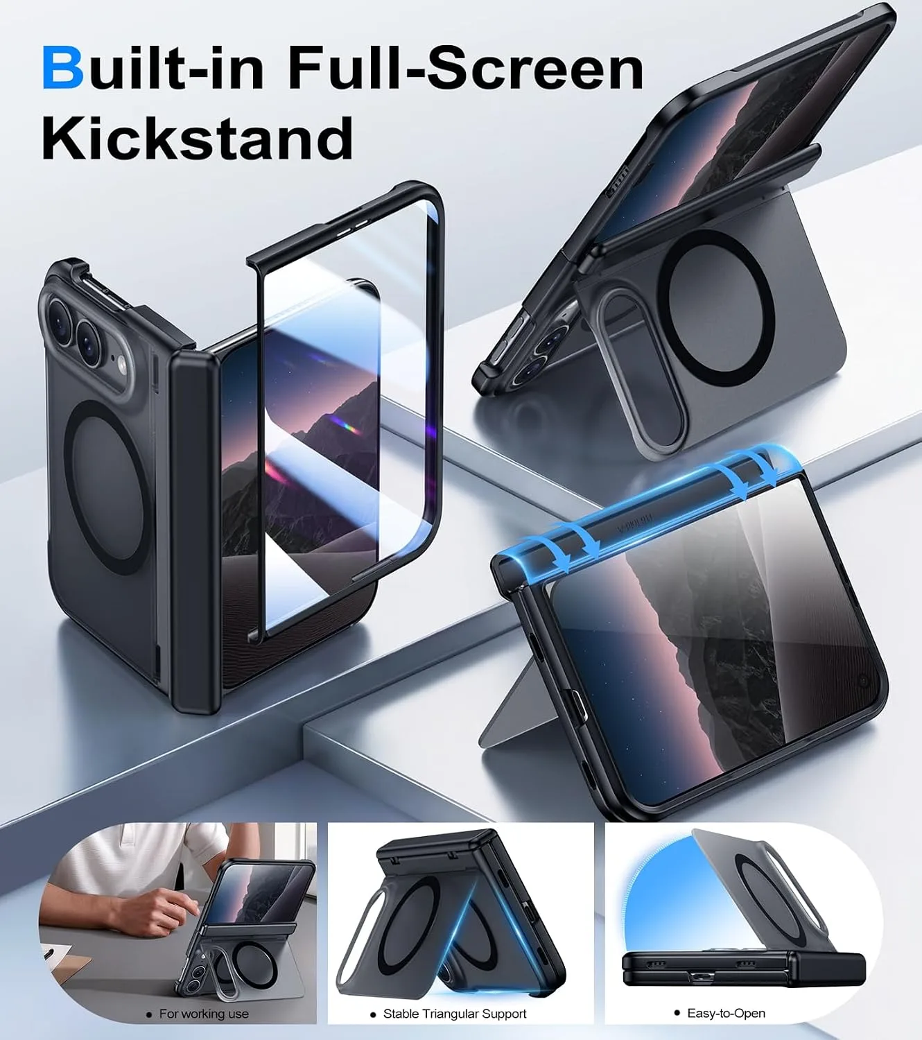 Red2Fire for iPhone Duo Case with Built-in Screen Protector, [Compatible with Magsafe], [Built-in Kickstand & Full Body Hinge Protection] Magnetic Slim iPhone Ultra Fold Case, Black