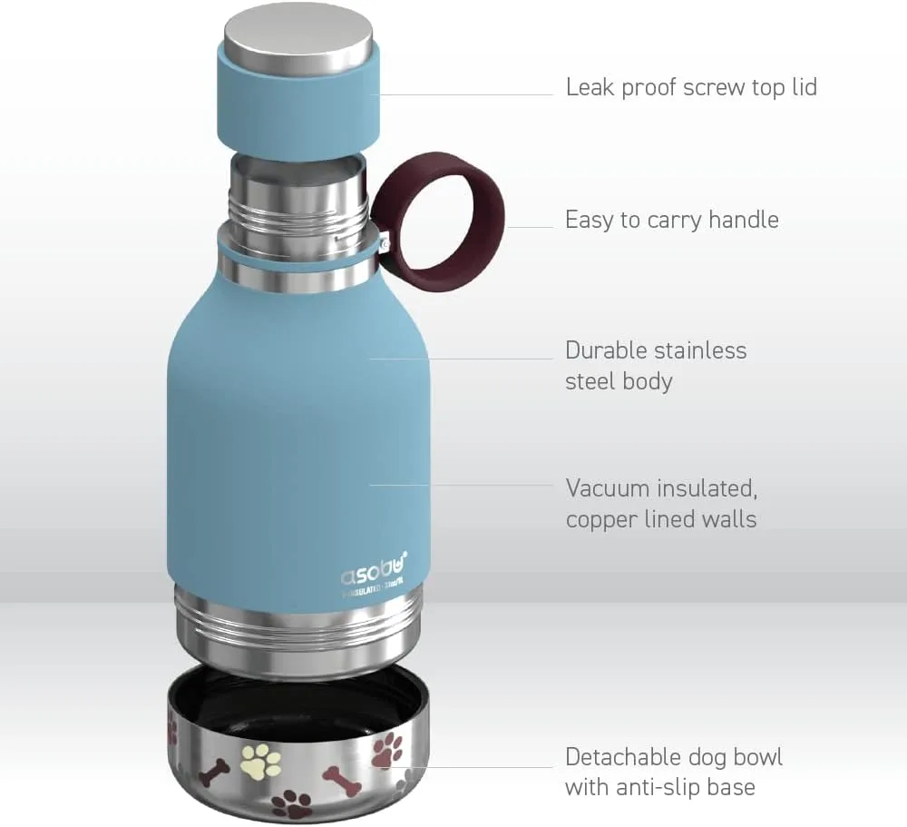 Asobu Dog Bowl Attached to Stainless Steel Insulated Travel Bottle for Human 37oz/1.1 Liter (Blue)