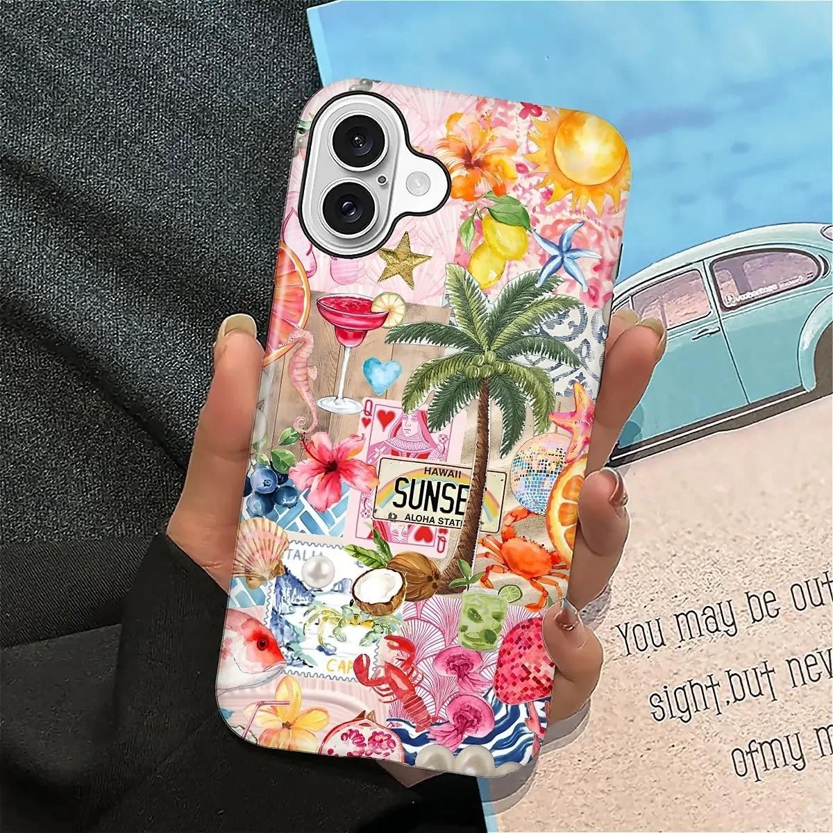 DAIZAG Case for iPhone 16,Mixed 2 Layer Design Shockproof Soft TPU Ddouble Protection Phone Case for iPhone 16-Aesthetic Summer Beach