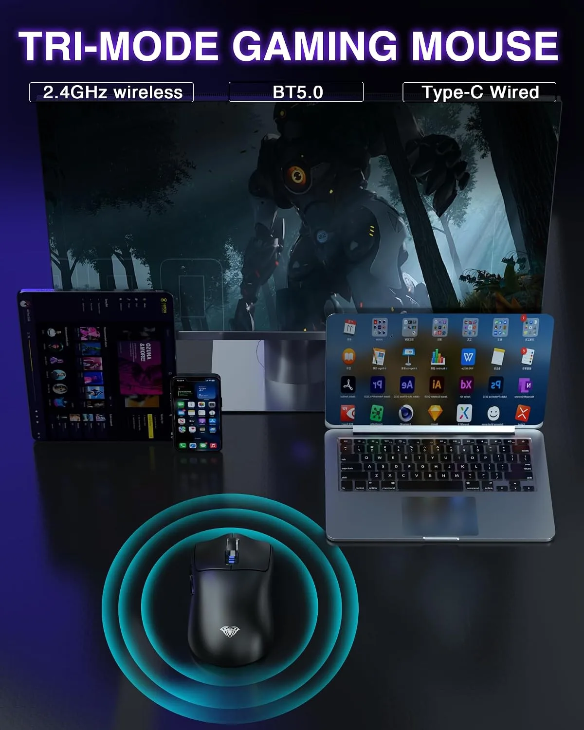 AULA SC580 Wireless Gaming Mouse, Tri-Mode Black Gaming Mice & 12000 DPI